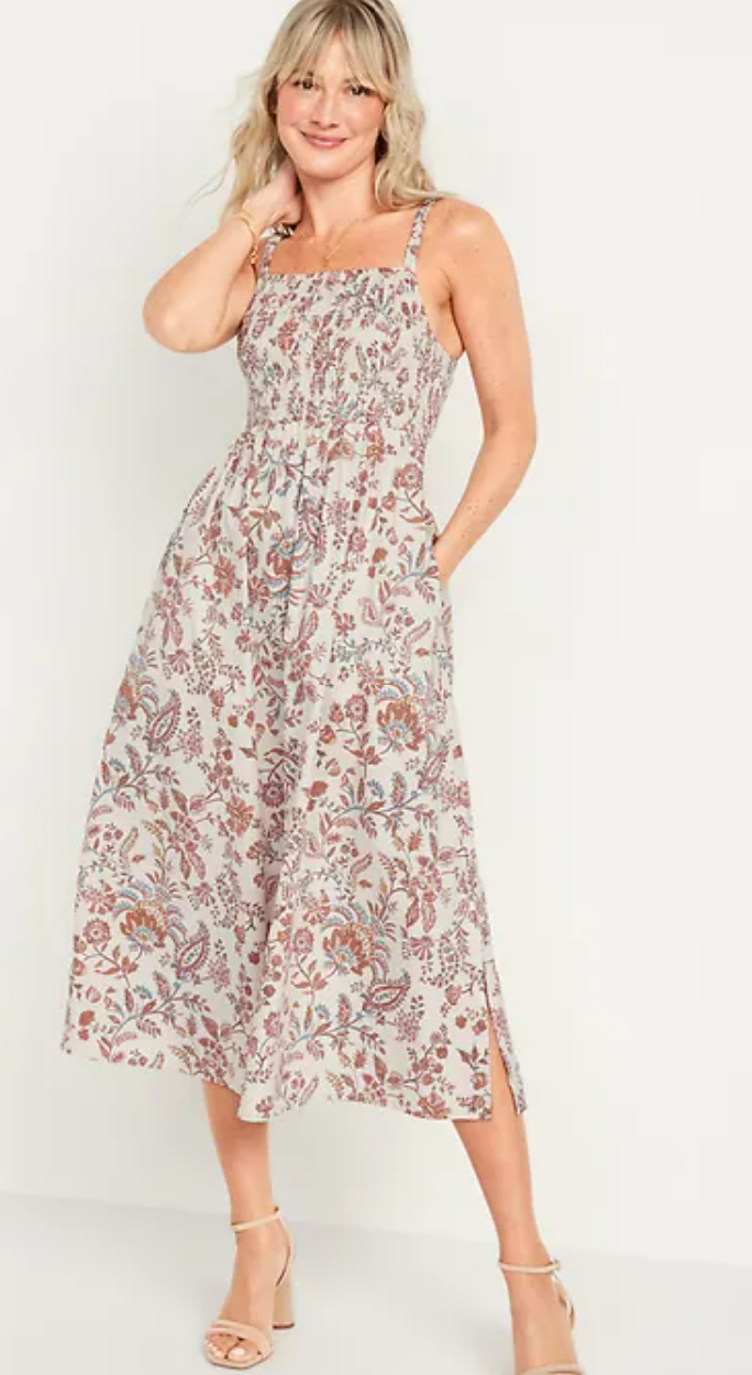 Fit & Flare Sleeveless Cotton-Poplin Smocked-Bodice Midi Dress for Women.png