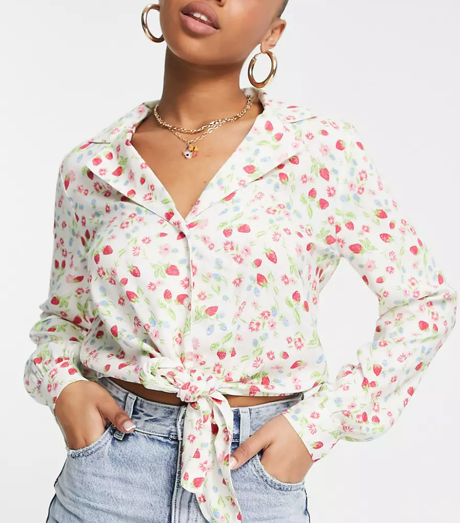 Miss Selfridge tie front shirt in fruit print.png