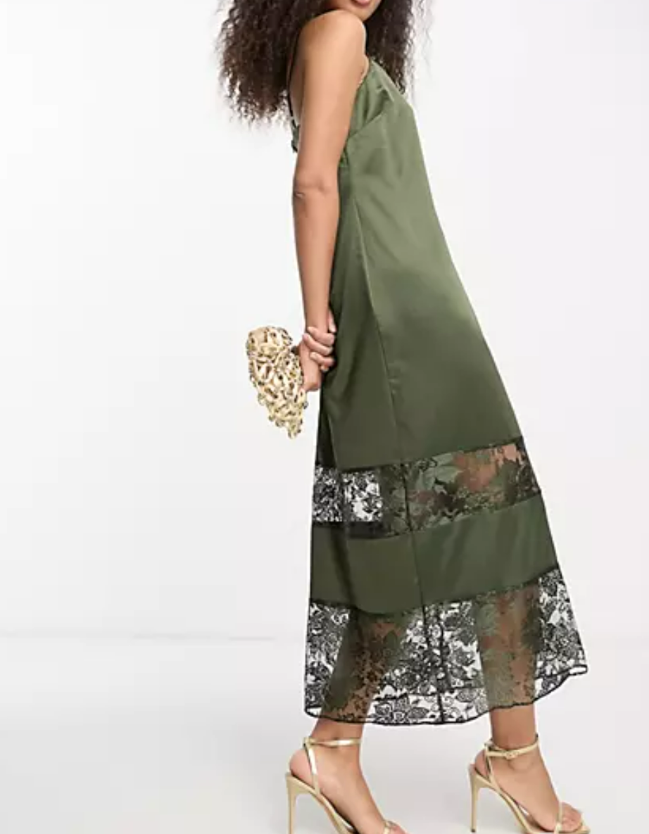 River Island lace detail slip dress in khaki.png