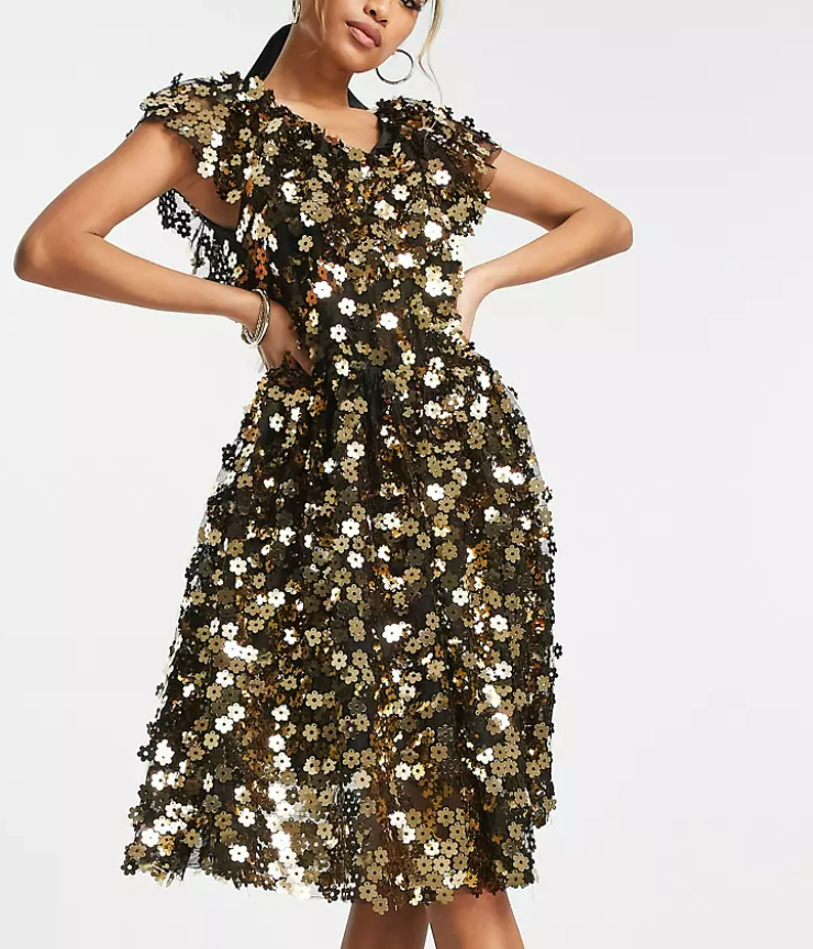 Y.A.S flower sequin frill dress in gold.png