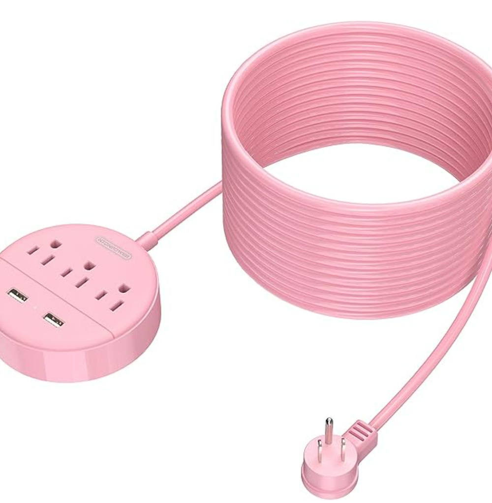 Extra Long Extension Cord 25 ft, NTONPOWER Rose Pink Flat Plug Power Strip with USB Ports, 3 Outlet 2 USB Desktop Charging Station .png