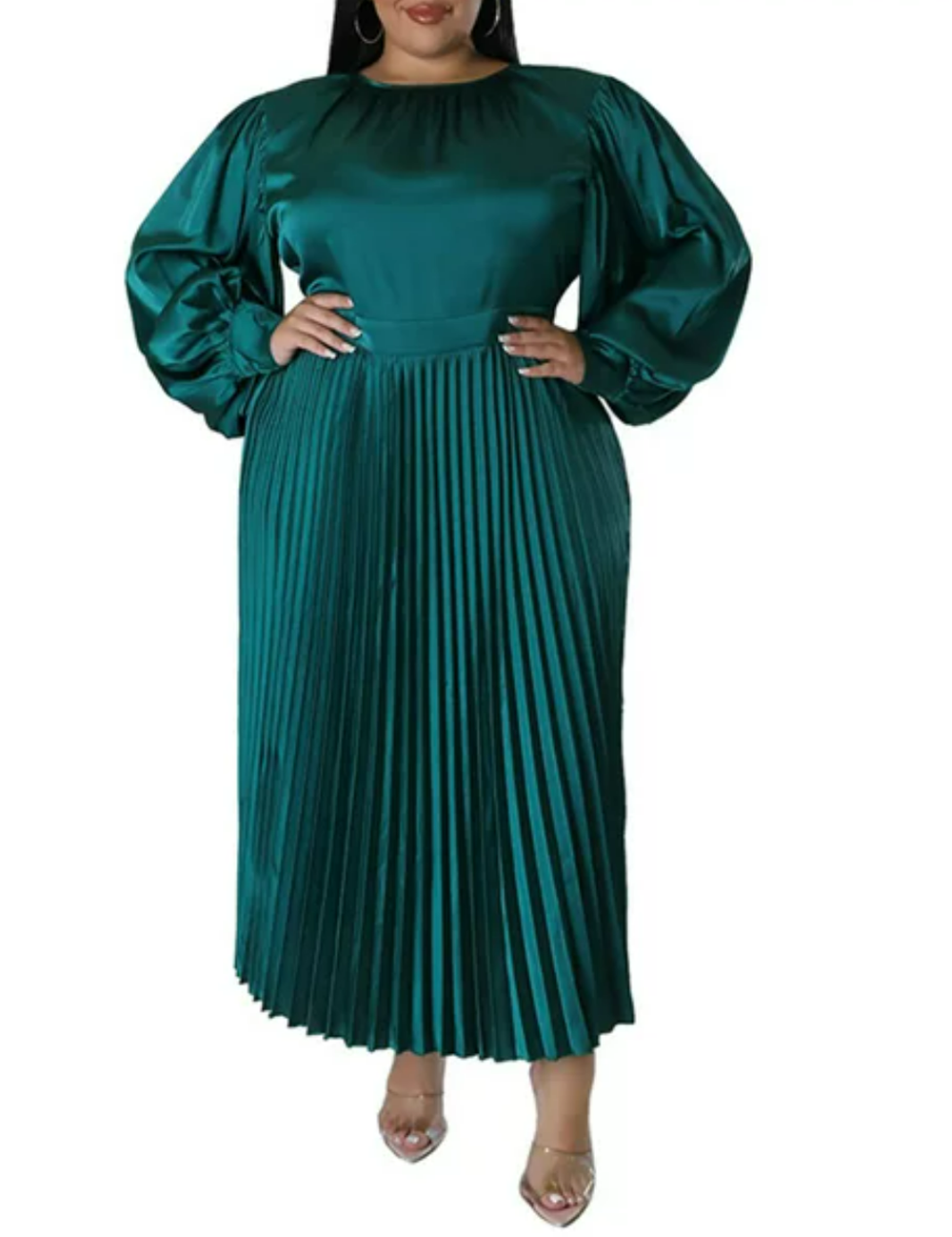 Capreze Women Dresses Solid Color Maxi Dress Plus Size Long Sleeve Crew Neck Dress Green XL.png