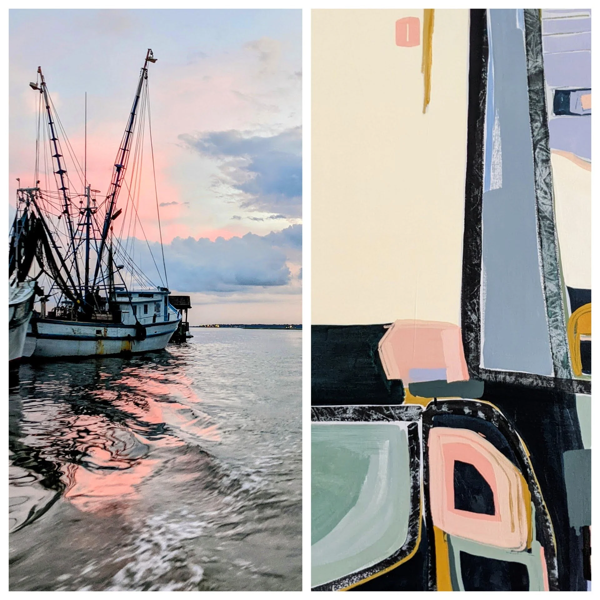 charleston harbor, fishing boat at sunset