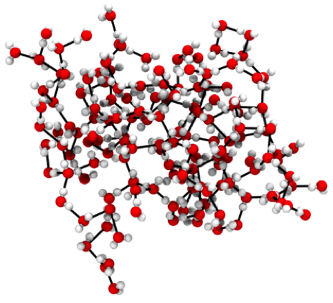 Reprinted from Naserifar, S. and Goddard, W. A. Liquid water is a dynamic polydisperse branched polymer. Proceedings of the National Academy of Sciences, DOI: https://doi.org/10.1073/pnas.1817383116 (2019) Snapshot of water at room temperature showing its polymer nature. The strong hydrogen bonds are represented by black lines. This example has 15 branches with a longest single chain of 39 waters and a total of 216 molecules.