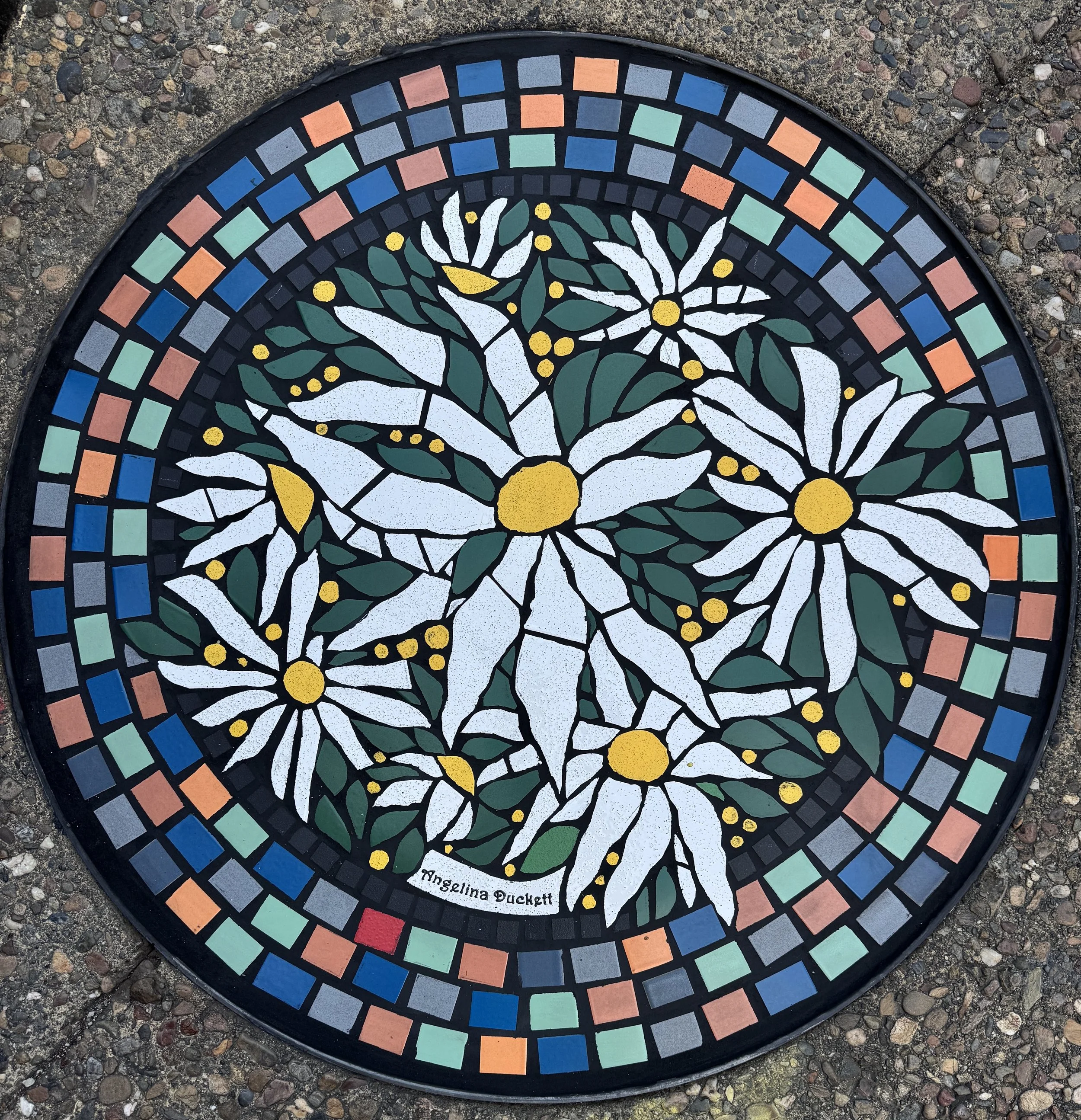  2026  4th Street, Santa Rosa, CA  Commissioned by the Downtown Action Organization of Santa Rosa  #8 in a series of 8 sidewalk medallions 