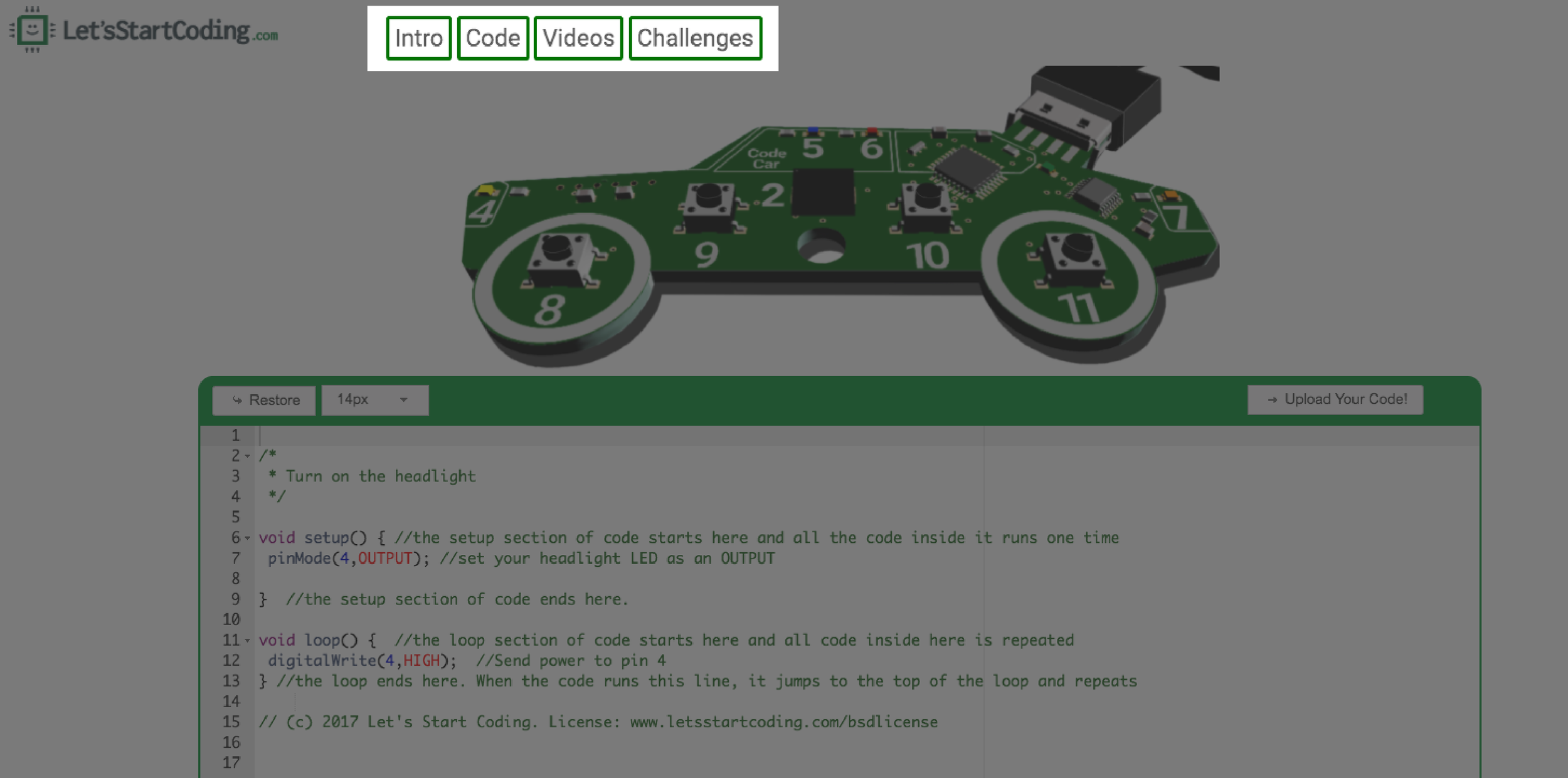 You can navigate the different parts of each lesson with the buttons that 'float' at the top of the screen. Quickly jump between sections by clicking here.
