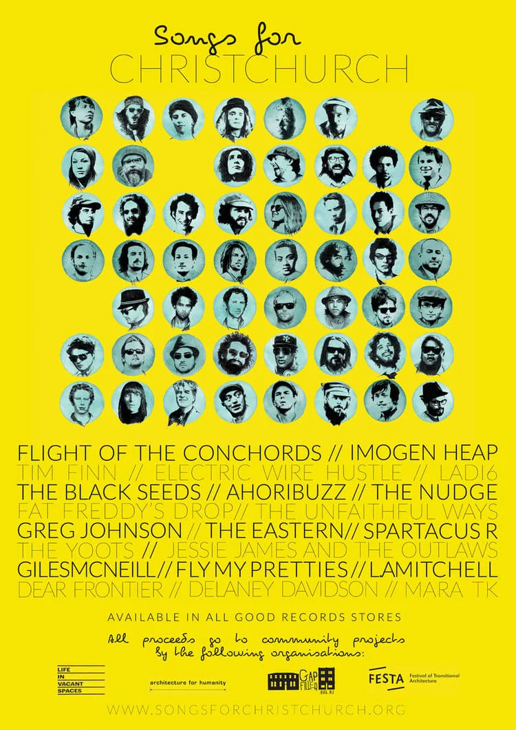 Yellow poster titled "Songs for Christchurch" featuring black and white photos of musicians arranged in a grid, listing musical acts, and information about proceeds supporting community projects.