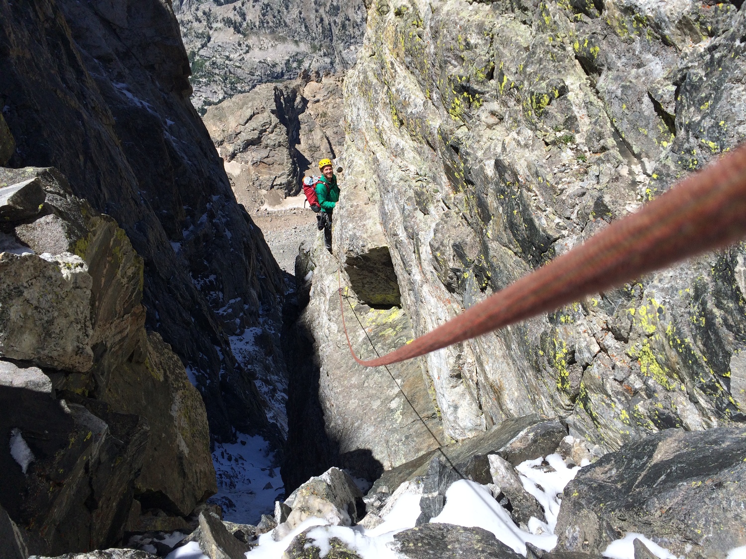 Incredibly exposed ledge traverse. The drop into the dark and scary notch was probably about 400 feet, but thats what ropes are for!