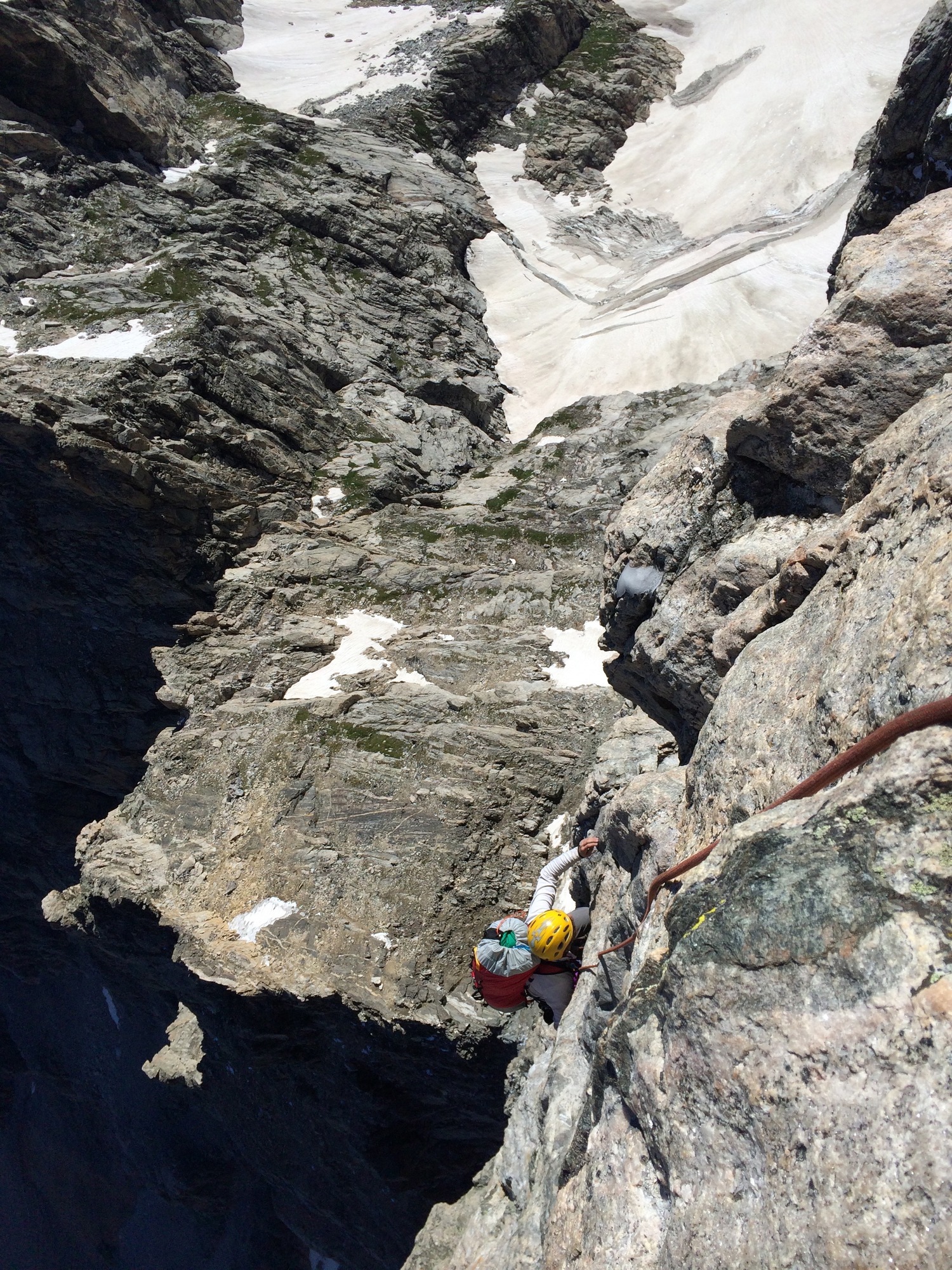 Just a little exposed! Great view of the Teton Glacier, and somewhere down there is our bivy site.