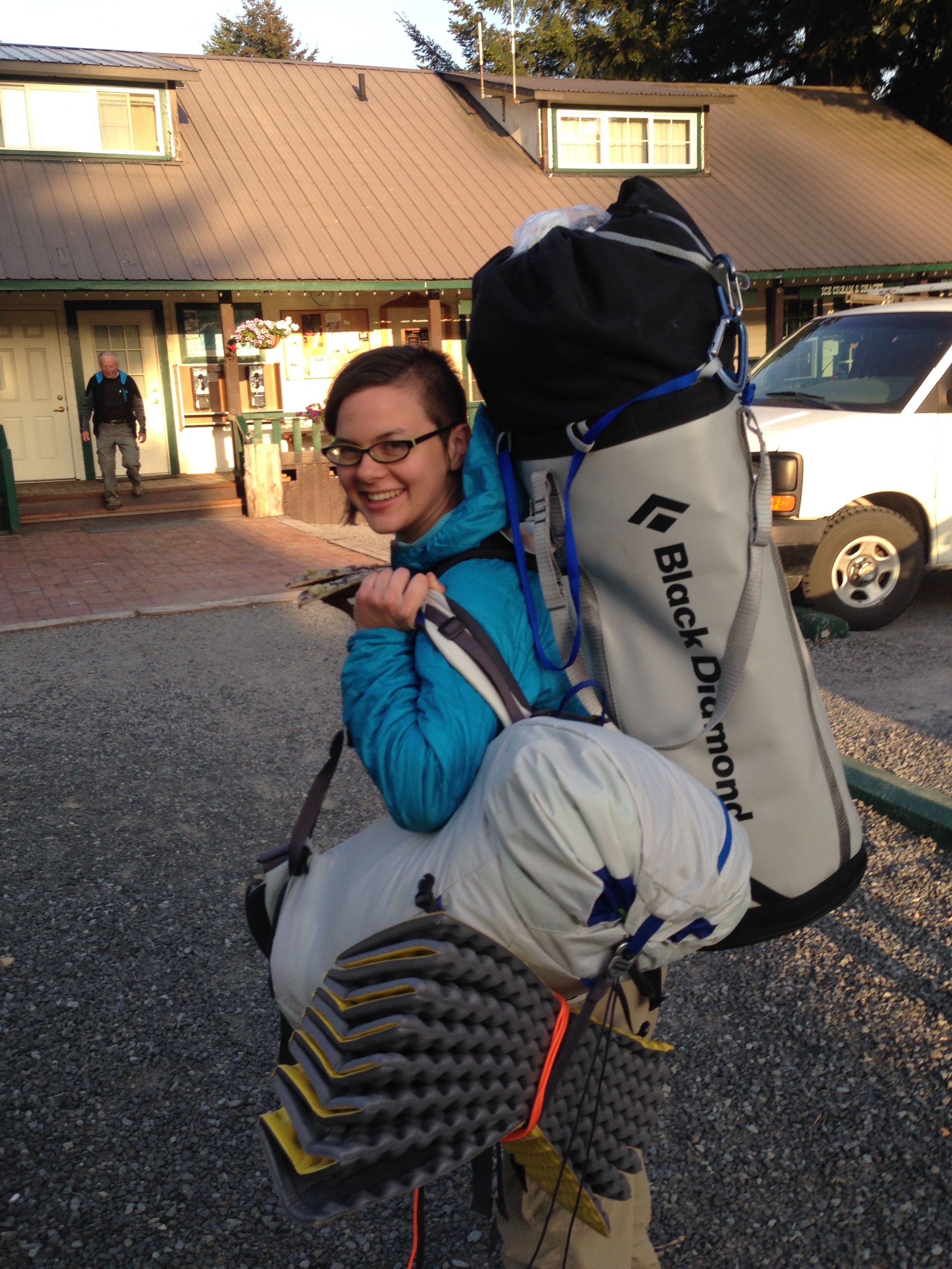 It was pretty easy to spot Christine when we met up at the airport. Not many people travel with a haul bag.