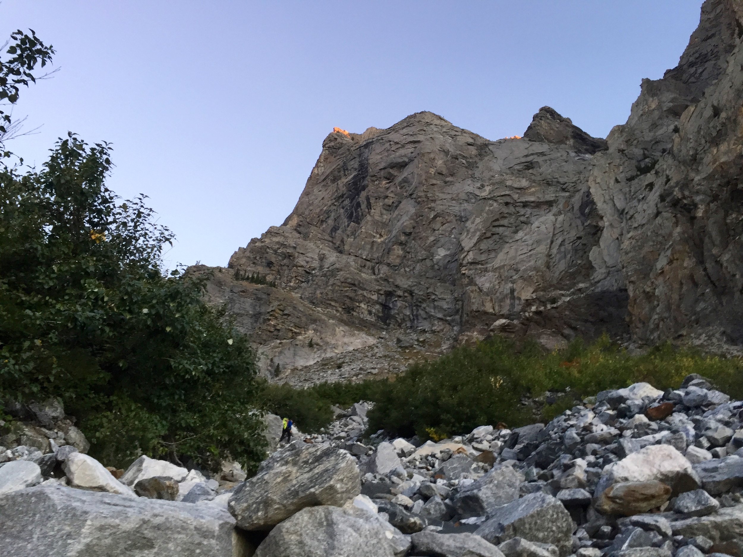 First light hitting the top of the buttress