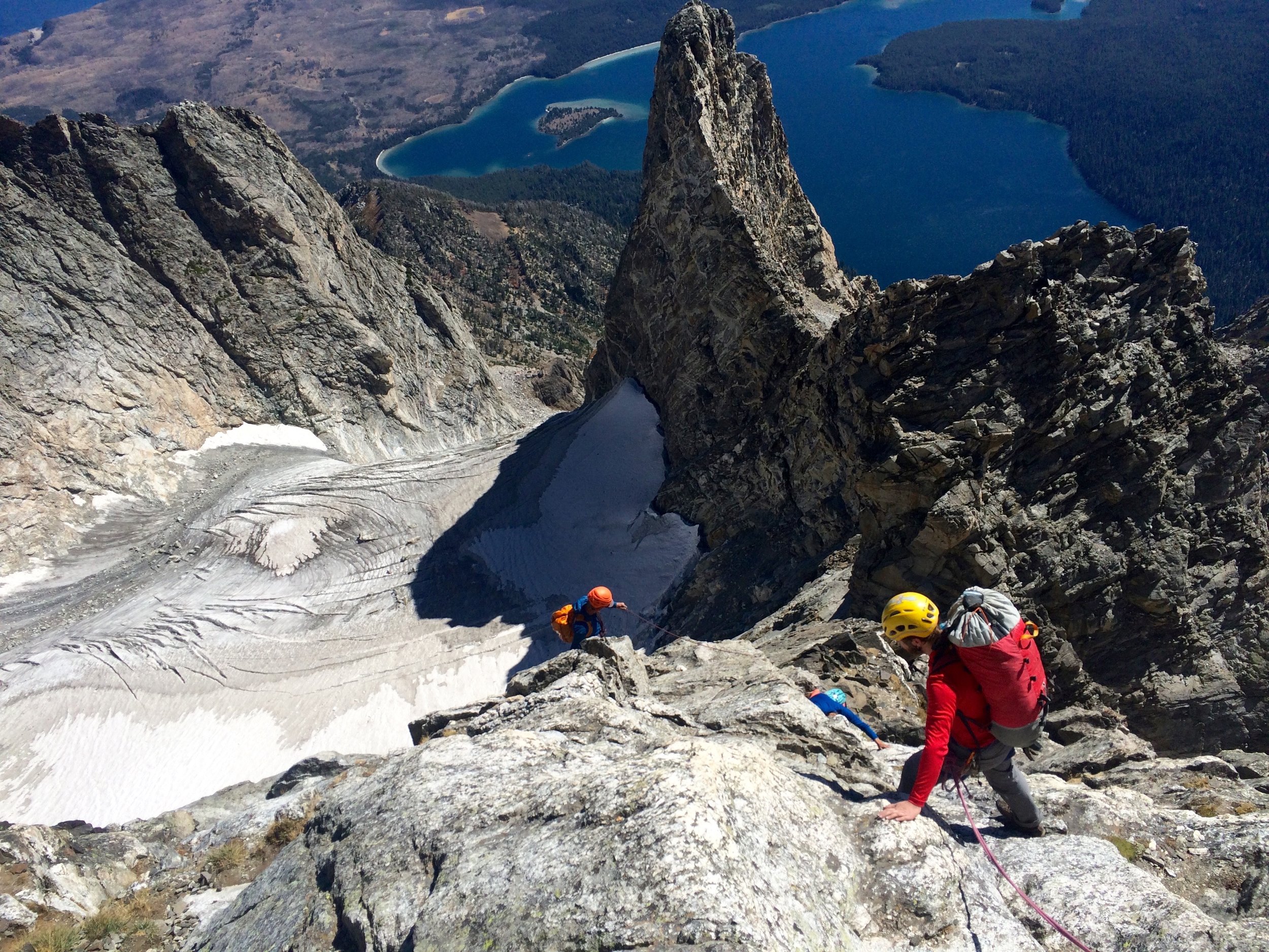 We descended the CMC route, which was mostly 4th class downclimbing with lots of exposure. This shot shows the Falling Ice Glacier below.