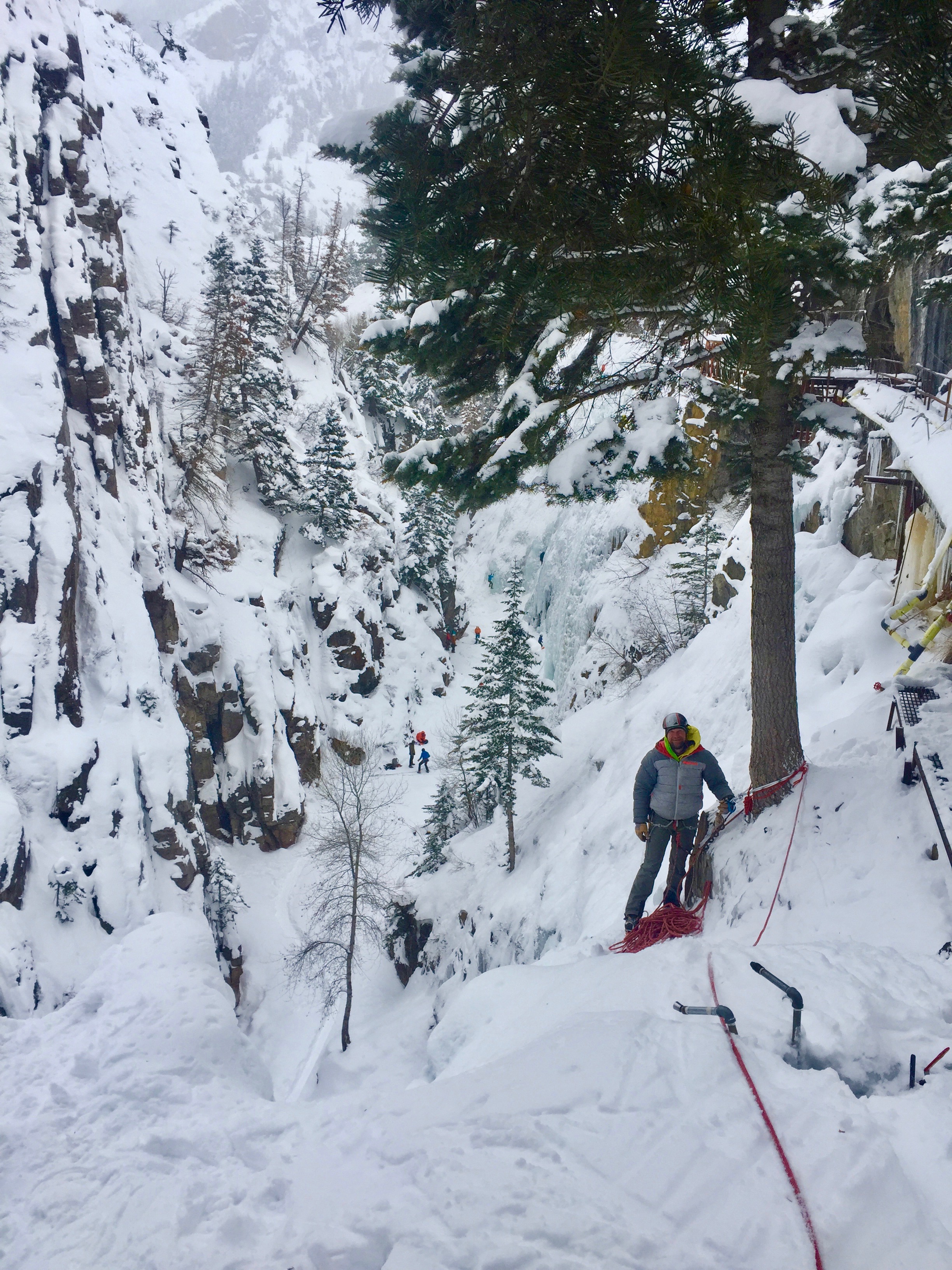 Jeff at the top of the gorge. The metal piping is used to farm the ice each night.