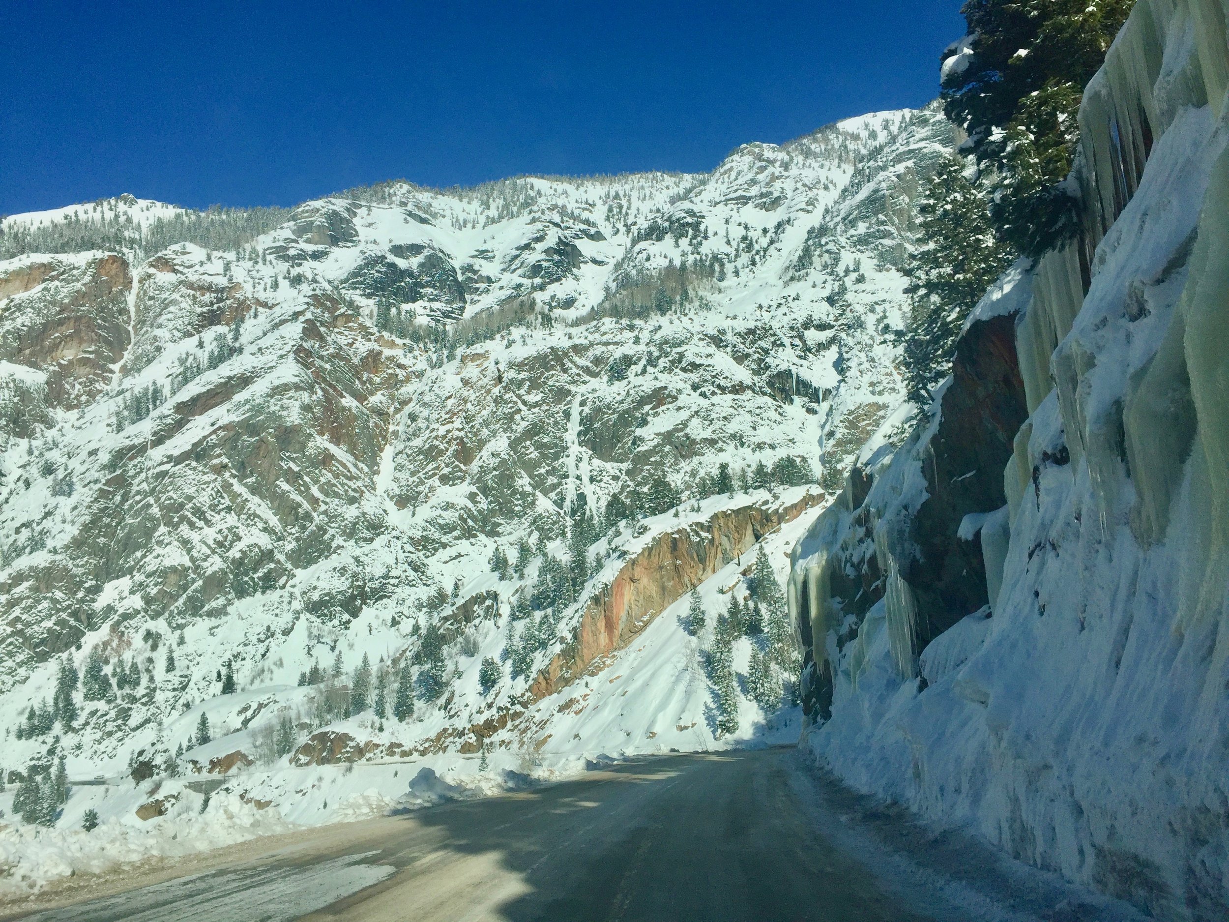 Driving back to Ouray we got another great view of Gravity's Rainbow, which is the white flow in the center of this shot. 