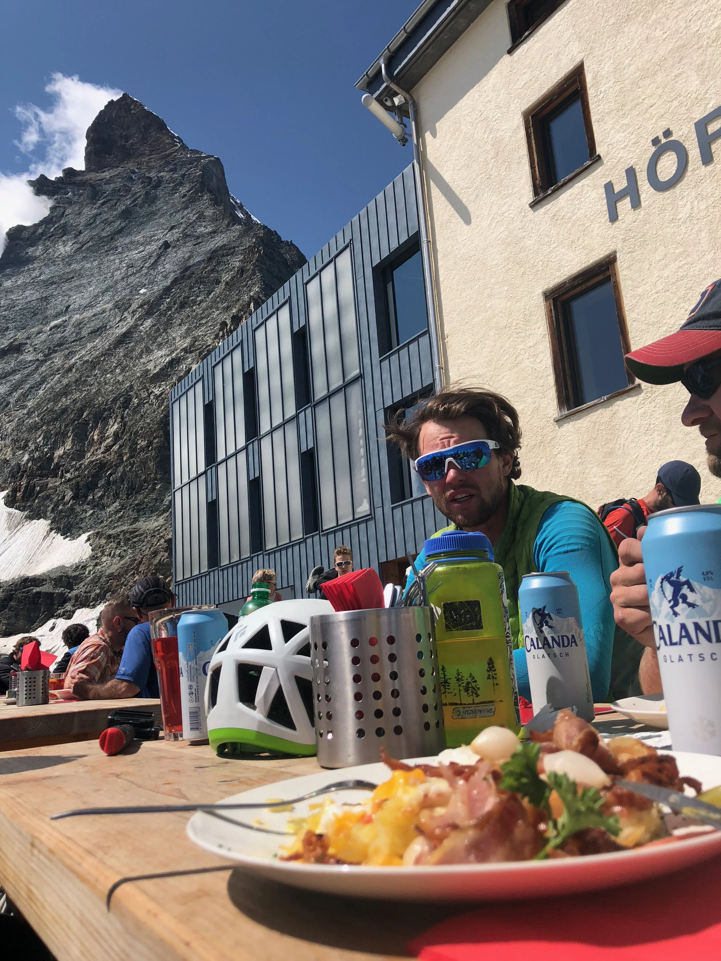 Because we started so early to get ahead of everyone, we were down at noon, drinking beers and eating rosti with a couple of Austrians.