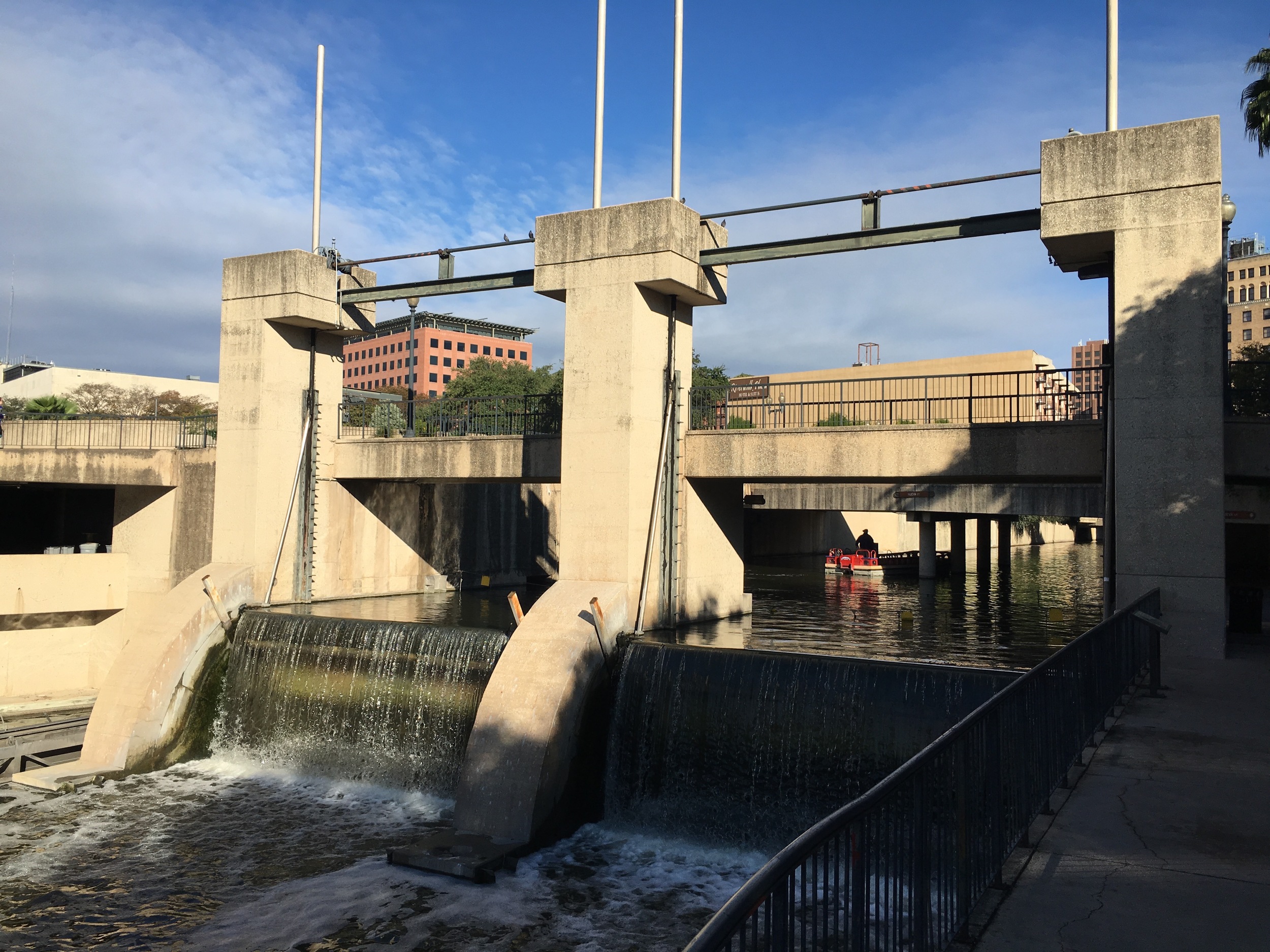 The Nuevo Street flood control dam. The barges for the river walk are stored under the street (on the left of this photo)