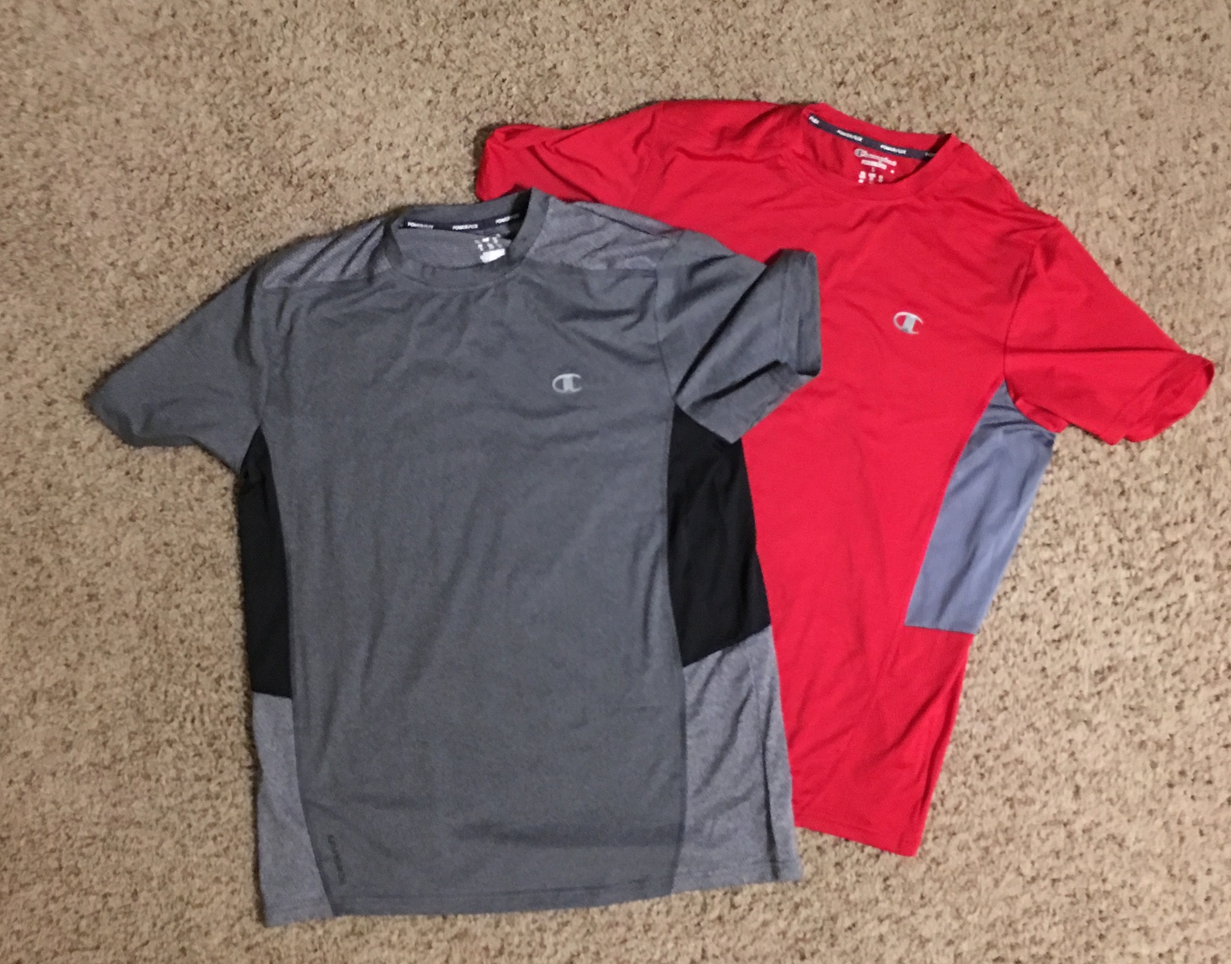 Two of my five Champion running shirts.