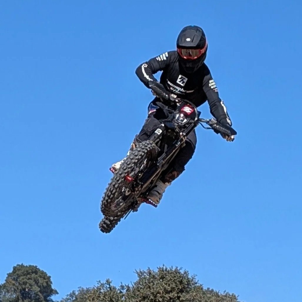 Nicky D launching an eMoto high into the sky during testing in Hollister, California.