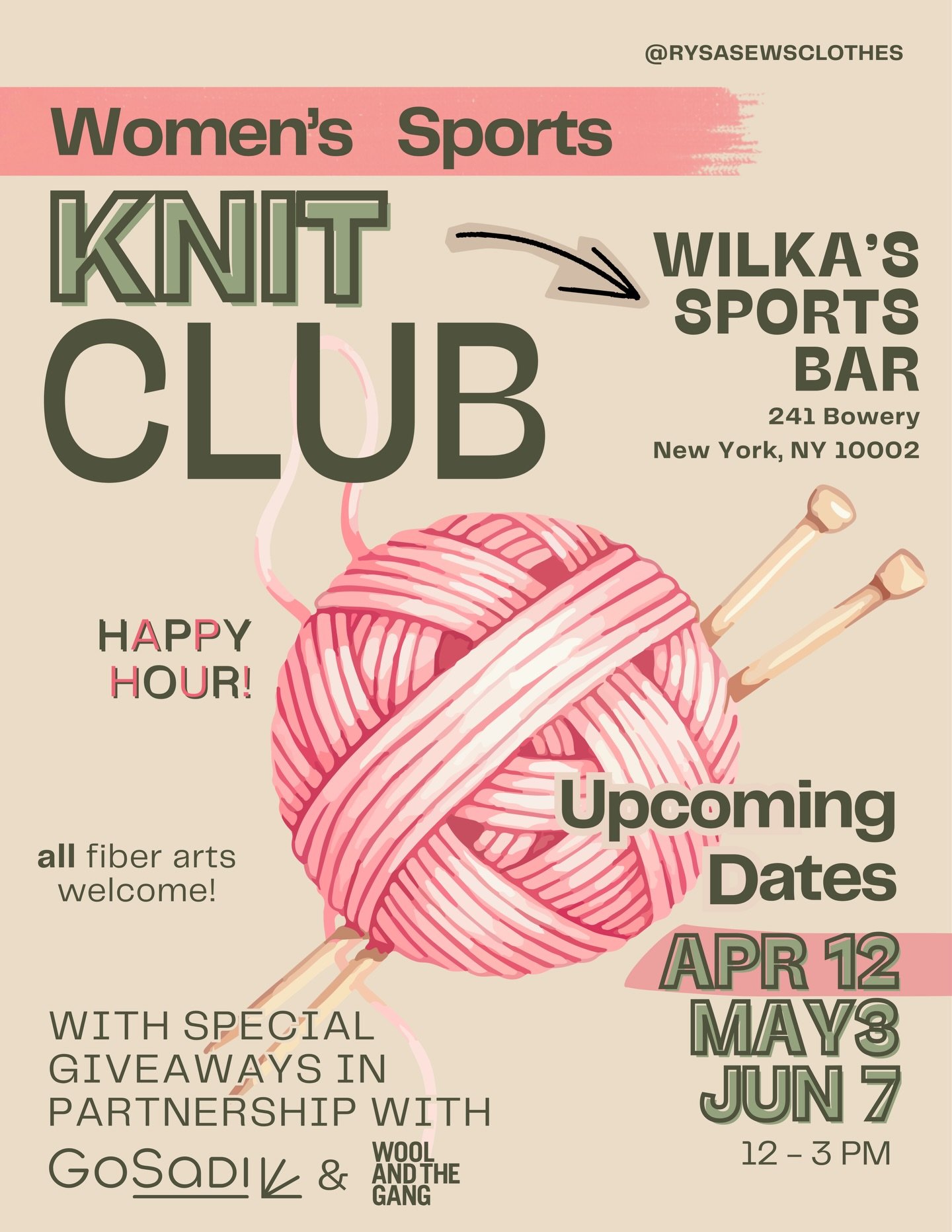 We&rsquo;re back!!! If you love women&rsquo;s sports and knitting (or crocheting, needlepoint, embroidery, crosstitch) we have a club for you🧶

Join us at @wilkasnyc from 12-3pm:
April 12
May 3
June 7

This is an unstructured craft time, all fiber a