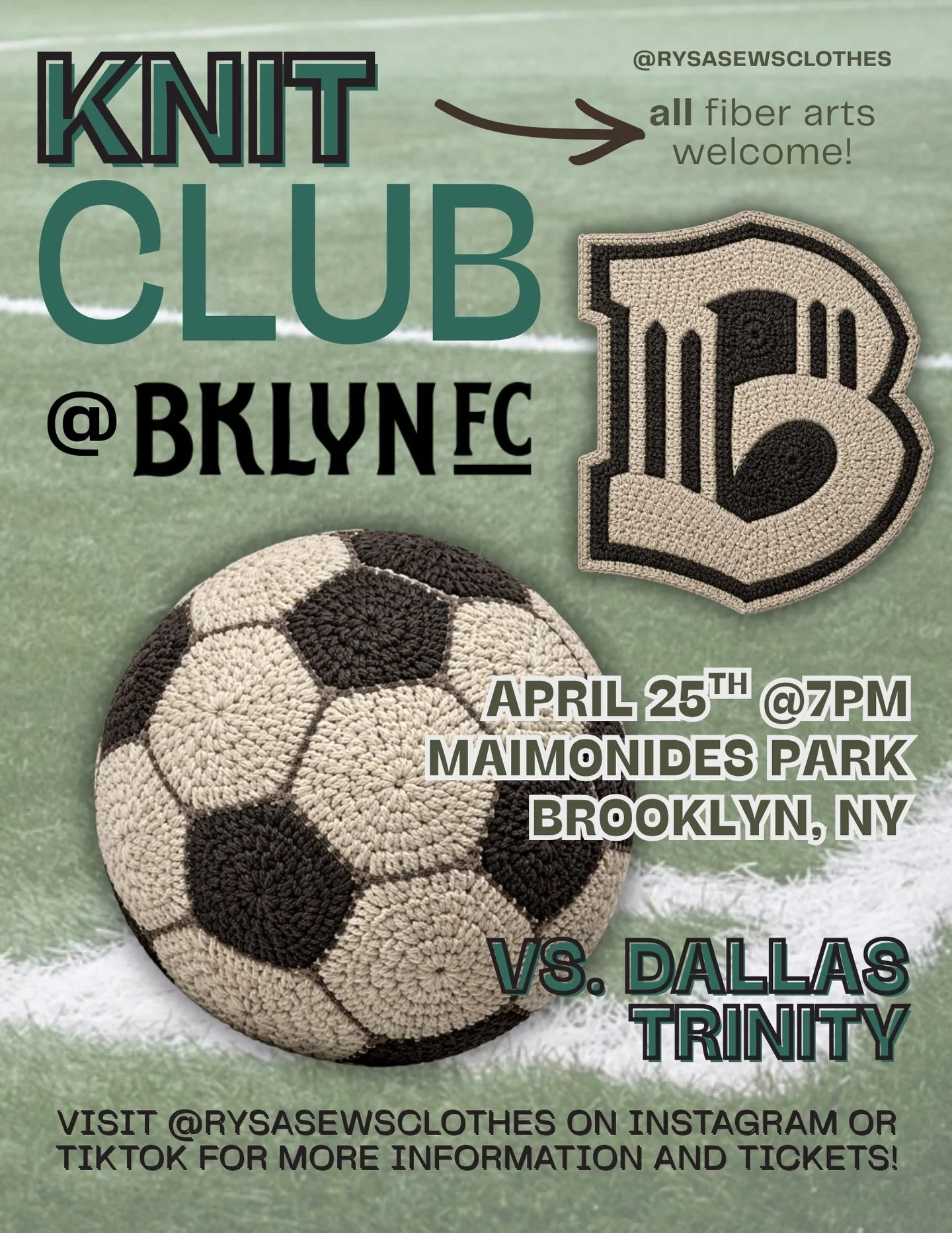 Join us at @brooklynfootballclub April 25th to knit and cheer on the women&rsquo;s team ⚽️

See link in bio for discounted tickets! I&rsquo;m sitting in Section 17, row B 🎟️

All fiber arts are welcome, can&rsquo;t wait to see everyone&rsquo;s WIPs 