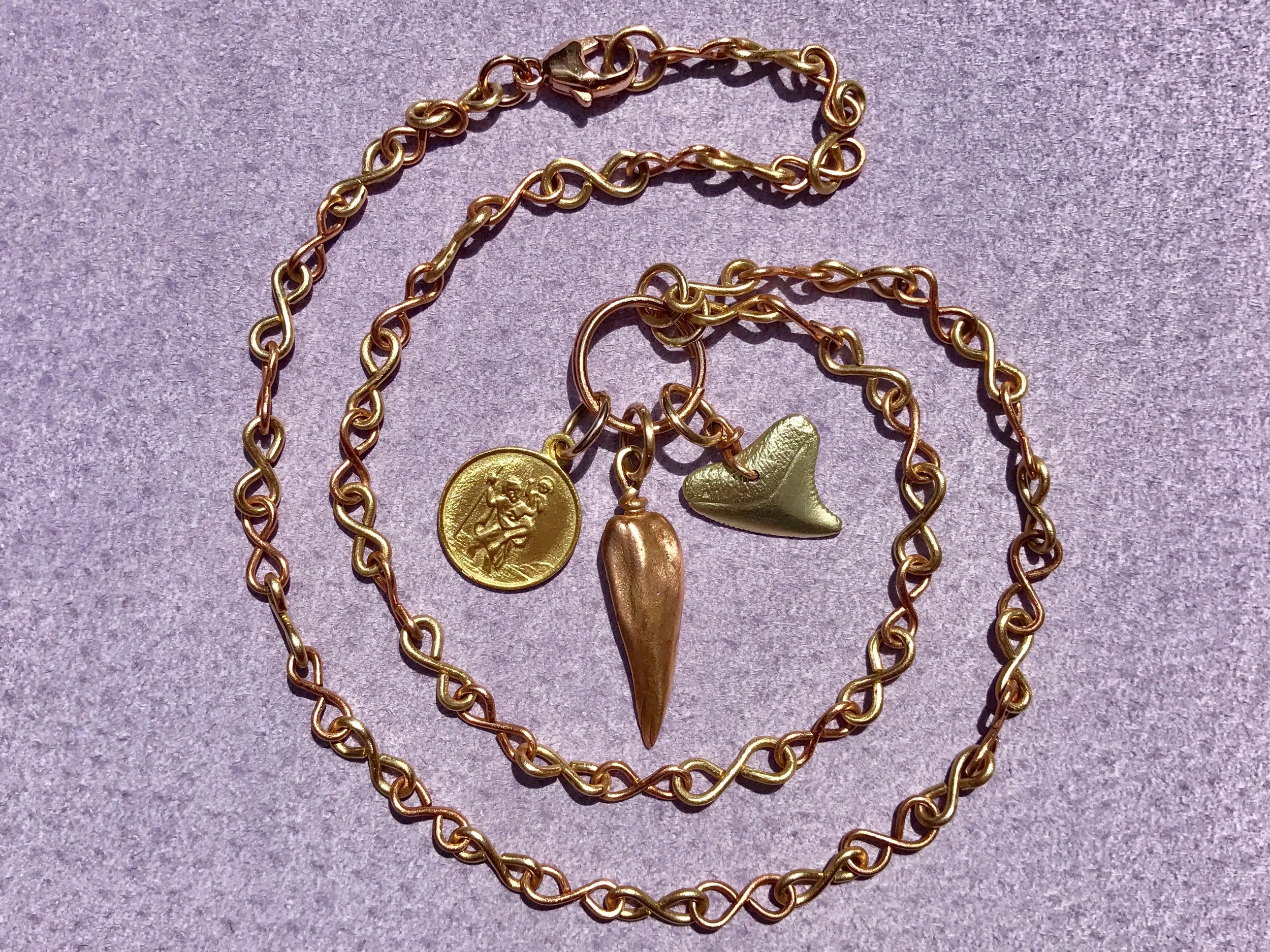 INFINITY CHAIN NECKLACE WITH ST. CHRISTOPHER, MISSISSIPPI CAST PENDANT AND SHARKS TOOTH