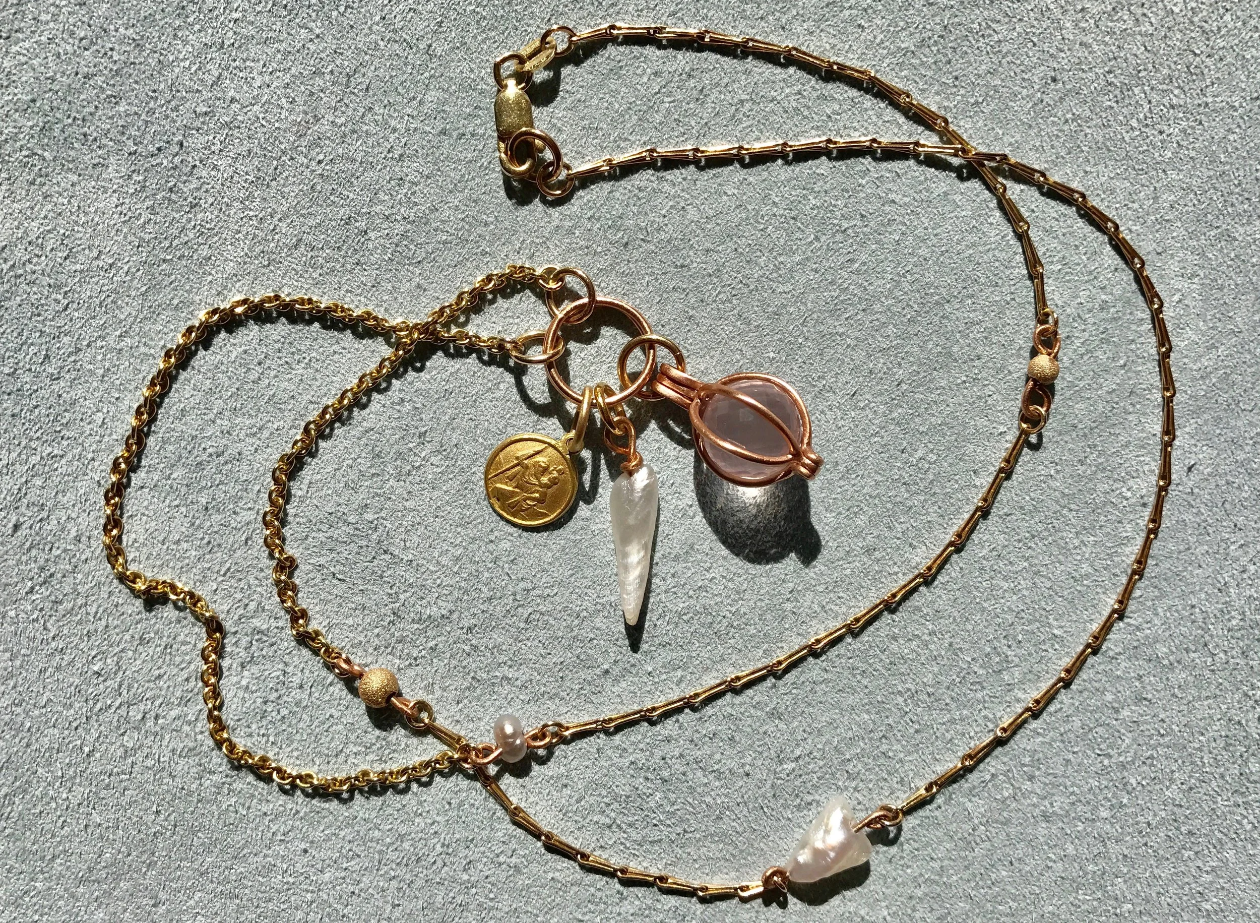 Co-Creation mixed chain, rose quartz, Mississippi pearl, St Christopher necklace by Tara Turner fine jewellery 2.jpg