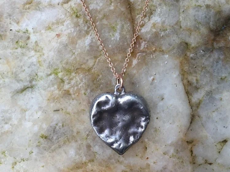 STERLING SILVER CHEWED HEART ON FINE ROSE GOLD CHAIN
