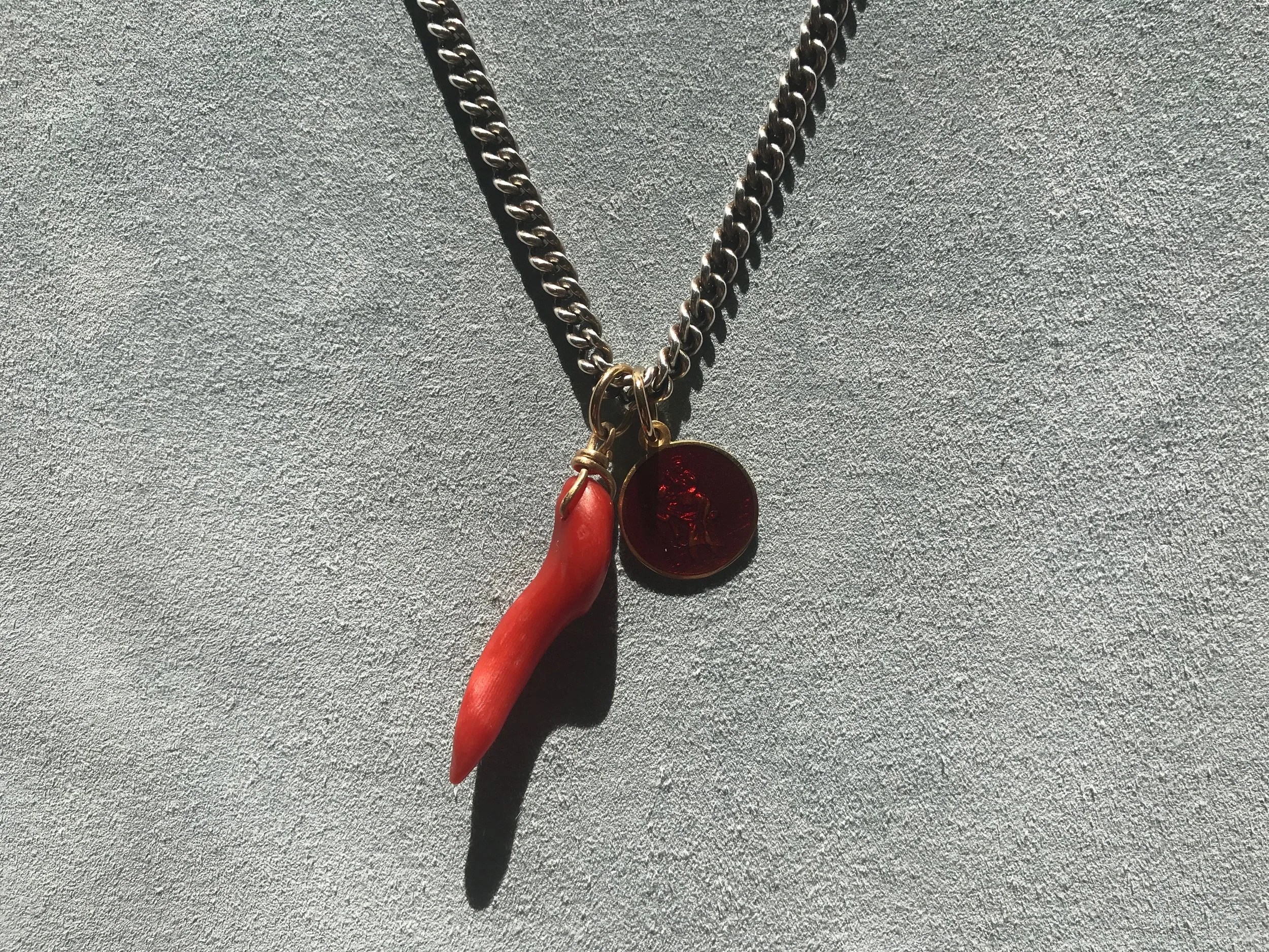 SARDINIAN CORAL PENDANT & BLOOD RED ENAMEL ST. CHRISTOPHER MEDALLION
