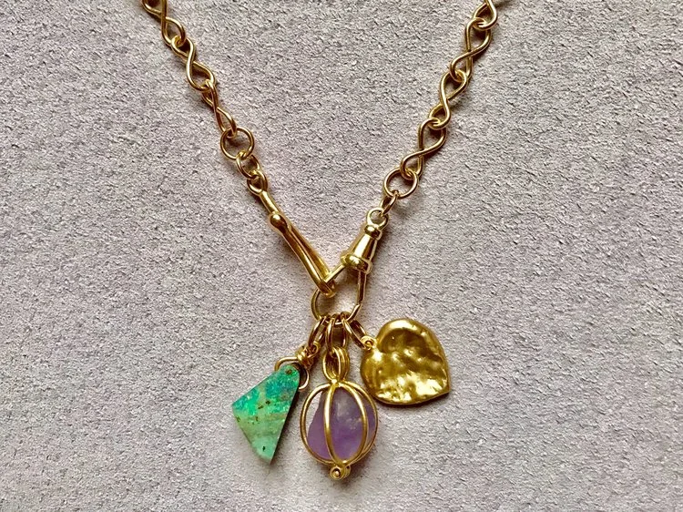 INFINITY CHAIN WITH BOULDER OPAL, LAVENDER APATITE & CHEWED HEART PENDANT