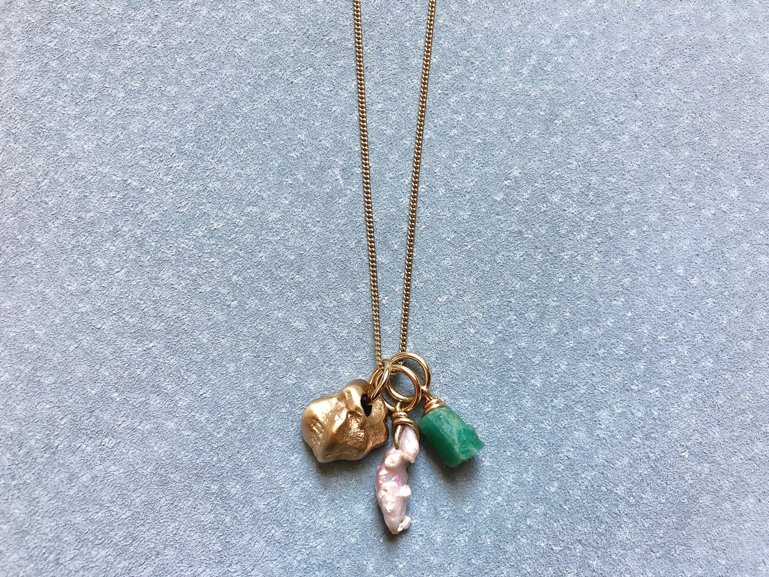 ROSE GOLD SHELL, MISSISSIPPI RIVER PEARL & EMERALD PENDANT NECKLACE