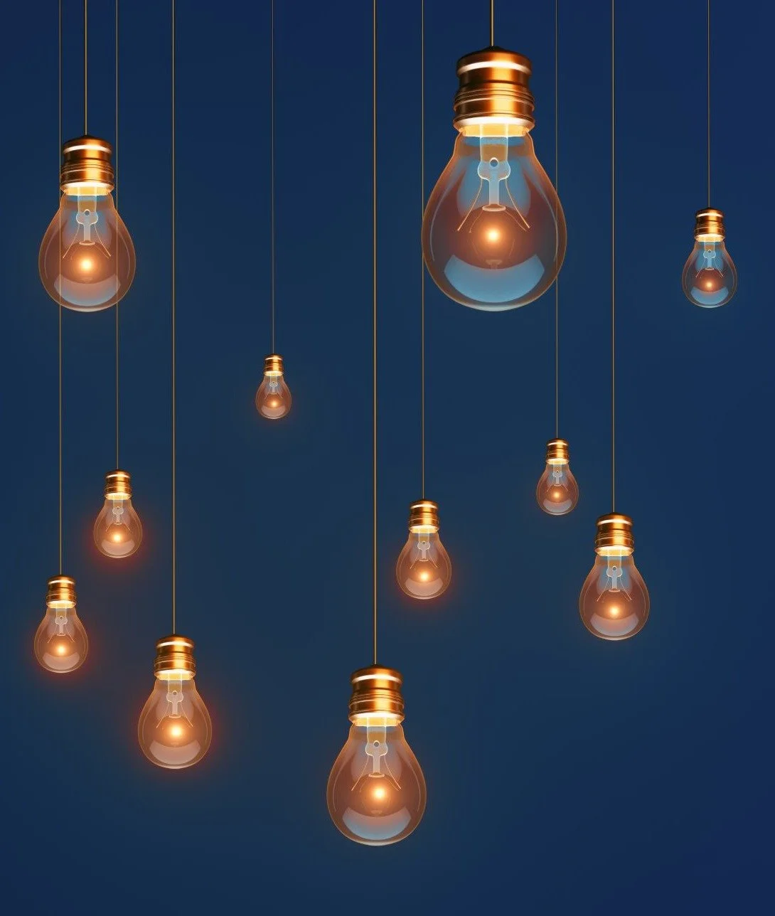 Glowing vintage light bulbs hanging at different heights against a dark blue background