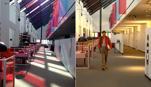 - the office designed for the movie on the left, an actual scene from the movie on the right.