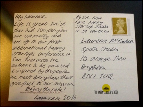 An example post card by Laurence, COFOUNDER OF THE HAPPY STARTUP SCHOOL
