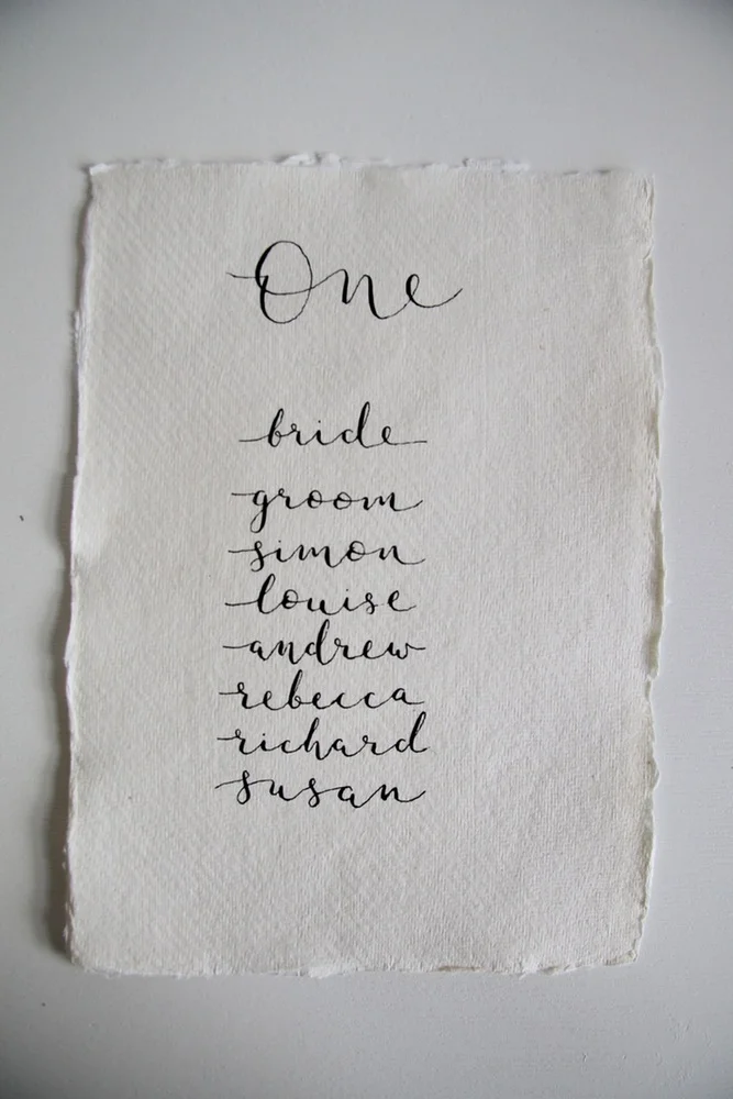 modern calligraphy wedding stationery, menu, table numbers and place name settings