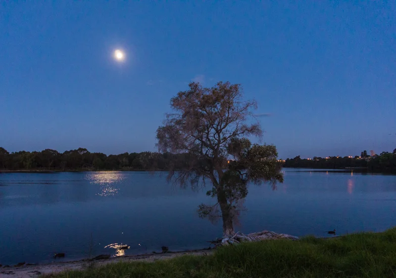 The serenity of the Swan River at night is a big attraction for blue collar nomads.