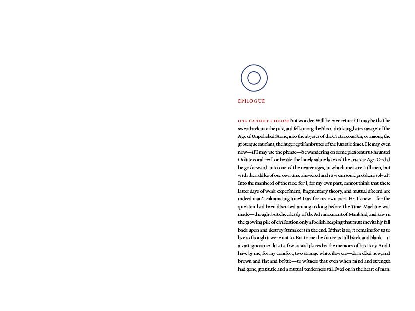 First things first, I really enjoy this class. This class was great to learn more about some other productivity techniques of indesign that I didn’t knew and to learn it from a great book designer, Neil Swaab . For my project I choose the book “The Time Machine” by H. G. Wells (from Guttenberg Project). My intention was to design an edition with a contemporary touch, regarding the concept of the book about time. You can see the class here . — 96 pages 150 × 225 mm Typography in use Calendas from Atipo —