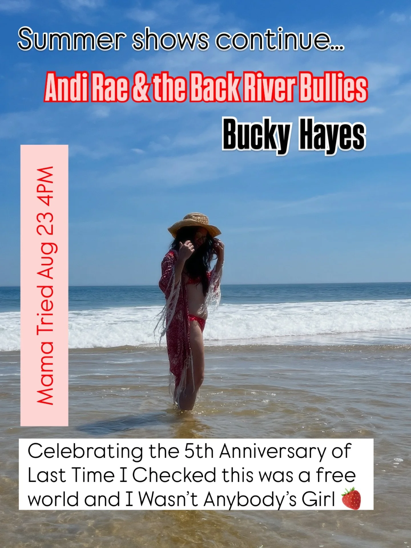 SAT AUGUST 23rd 4PM!!! ☀️☀️☀️
@mamatriedbk!!!
@buckyhayes
me &amp; #theBackRiverBullies
🎶🍓🥳

 
🍓

#lasttimeicheckedthiswasafreeworldandiwasntanybodysgirl #thebackriverbullies #andiraeandthebackriverbullies #cowgirlpinup #cowgirl #pinup #brooklync