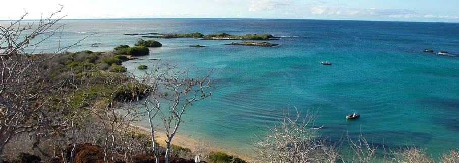 A tourist looks out across a small bay at Floreana Island. Photo by Richard Blake