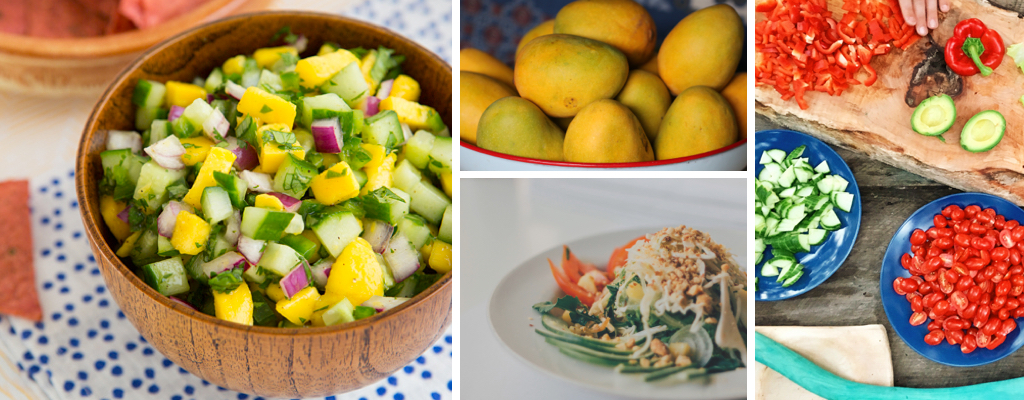 Far left image of cucumber mango salsa from Oh My Veggies