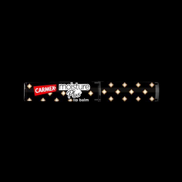 Bring a little sparkle into every room you enter. Dressed in a sophisticated black and gold, Carmex Moisture Plus Lip Balm keeps you shining all night. Now available at Walmart checkouts.