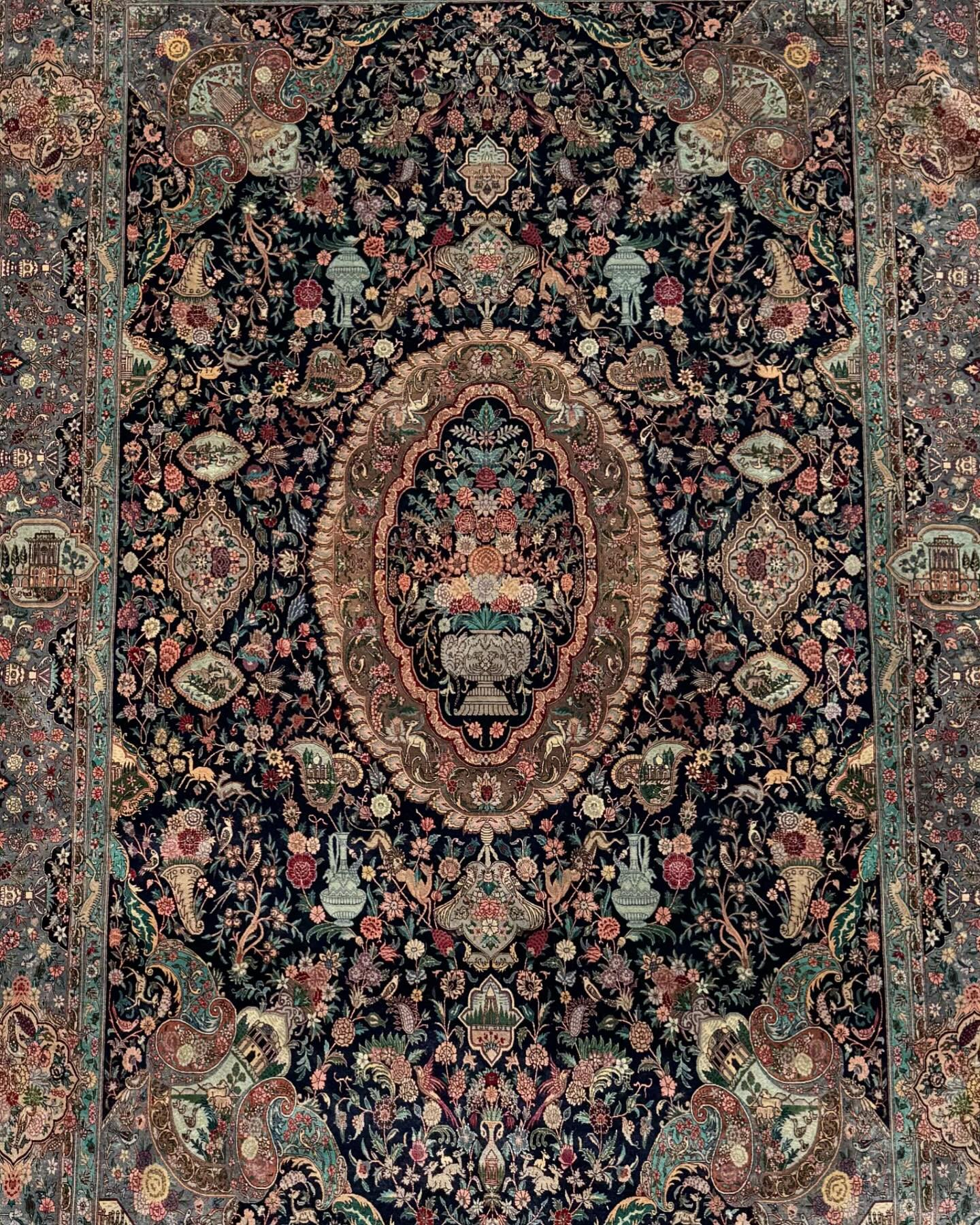 Detail shot of our mind-bogglingly detailed Isfahan wool and silk rug, made in the 1980&rsquo;s in either Iran or Pakistan, featuring 400 knots per square inch. At this size (6&rsquo; x 9.75&rsquo;) and with these colors it most likely took more than