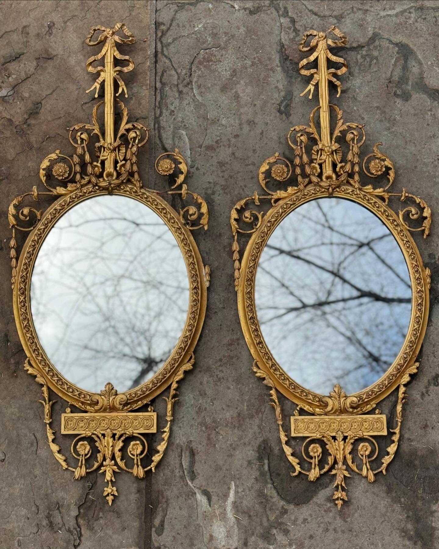 Turn of The Century Gilt-wood &amp; Gesso Mirrors &bull; Extremely Fragile &bull; $475 each &bull; 43&rdquo; x 18&rdquo; 
&bull;
&bull;
&bull;
&bull;
&bull;
#antique #antiquemirror #gesso #gilt #gilded #turnofthecentury #design #interiordesign #gold 