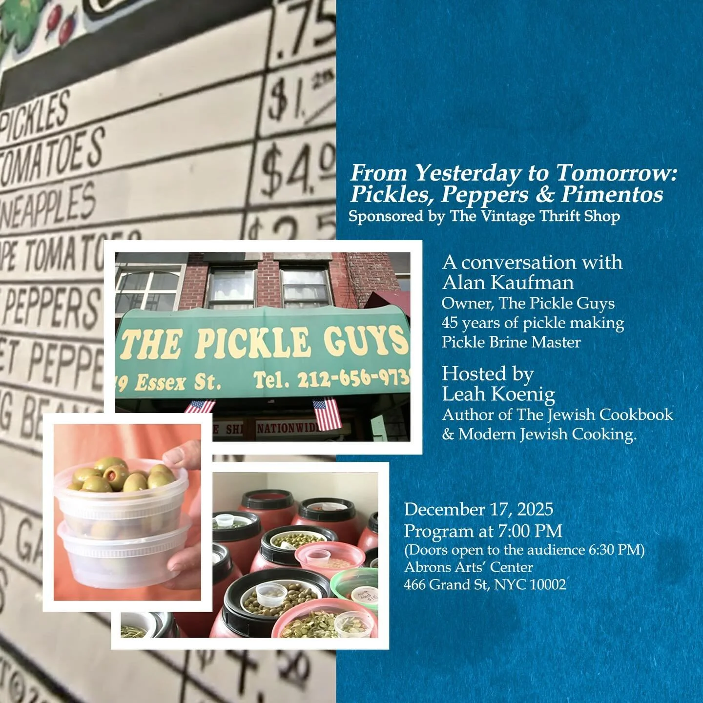 We&rsquo;re at it again! This time with Alan Kaufman from the famous @pickleguys of the Lower East Side and hosted by Leah Koenig at the Abrons Art Center - Doors open at 7 pm! 
&bull;
&bull;
&bull;
&bull;
#pickleguys #nychistory #lowereastside #nyc 