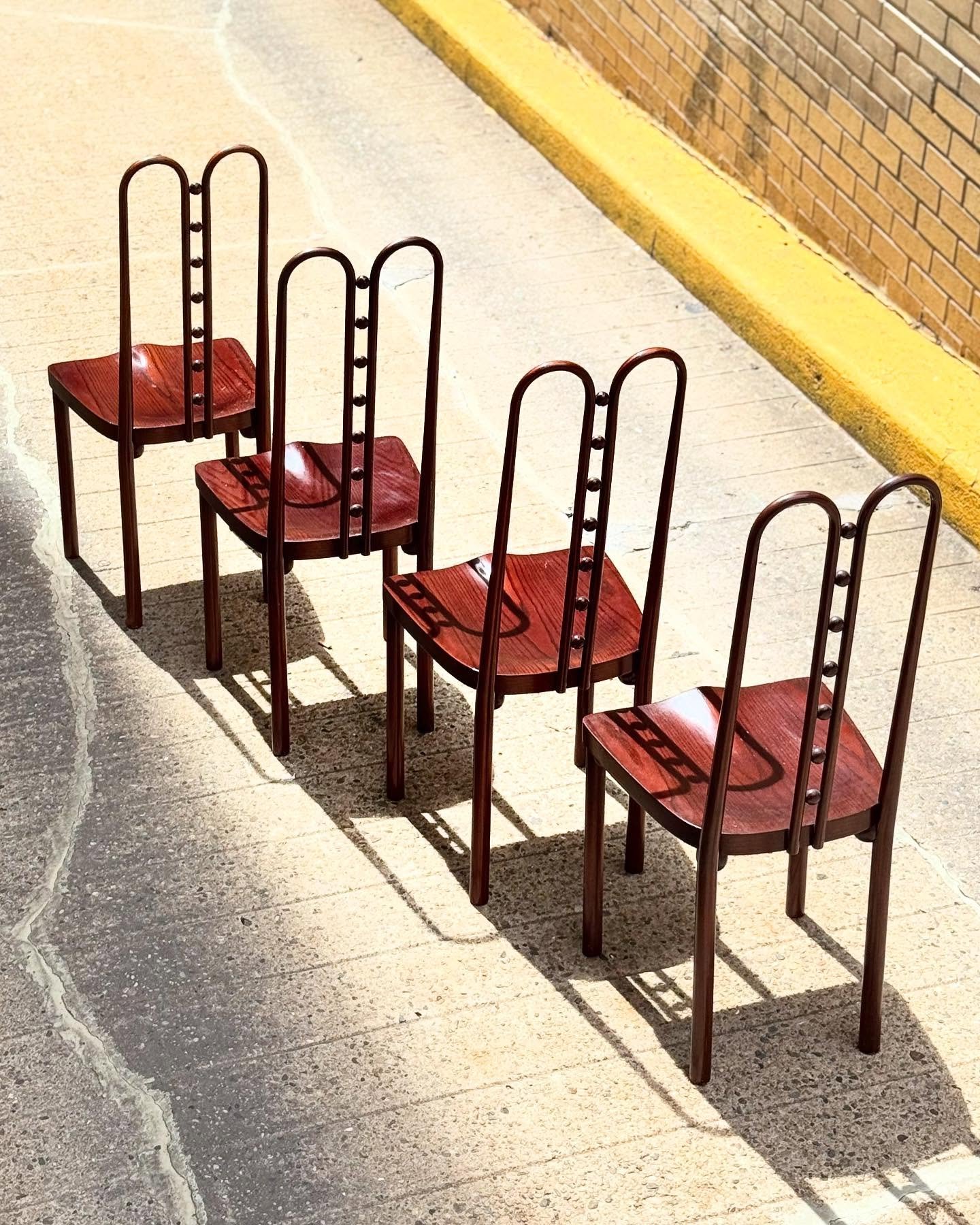 Seven Ball Bentwood Chairs &bull; Model #371 &bull; Designed by Josef Hoffmann in 1906, these examples were manufactured by Craftwood Products/ Sonnenberg Ltd. in Toronto, Canada circa 1980. Craftwood also manufactured furniture for architect Michael