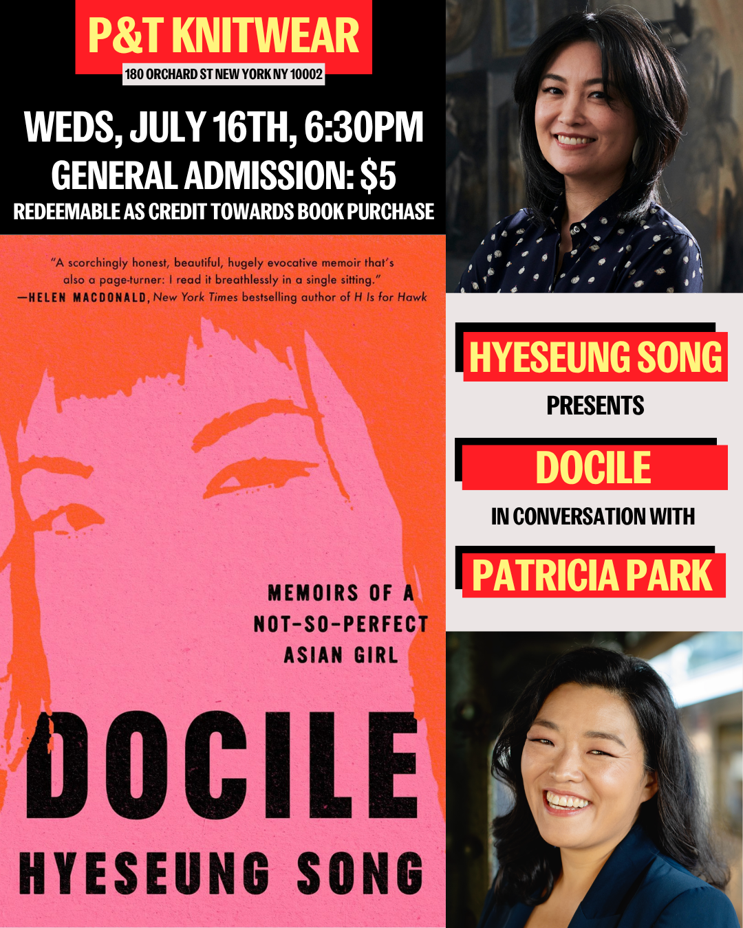 Docile Paperback Launch at P&T Knitwear IN NYC, with PATRICIA PARK