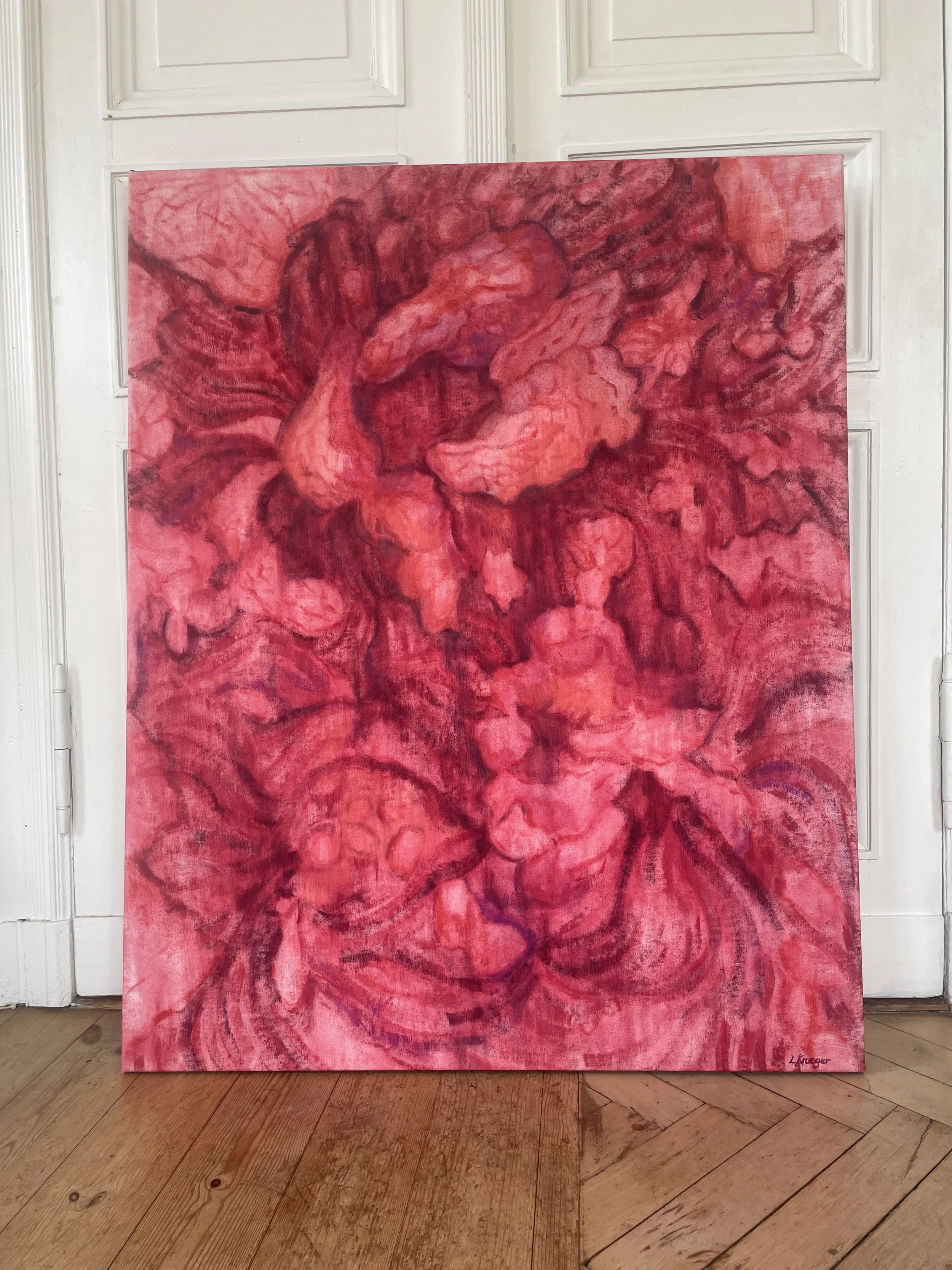 Lan Kroeger. Abstract oil painting in red and pink with layered curved marks.