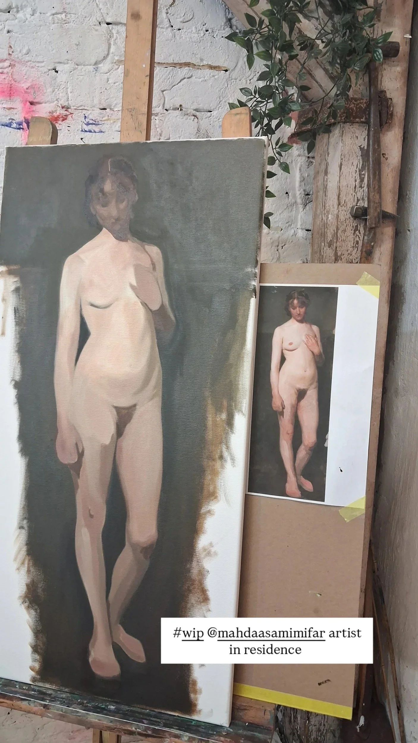 Work in progress by Mahda Samimifar, 2025. A figurative painting on an easel in the Burnt Sienna studio.