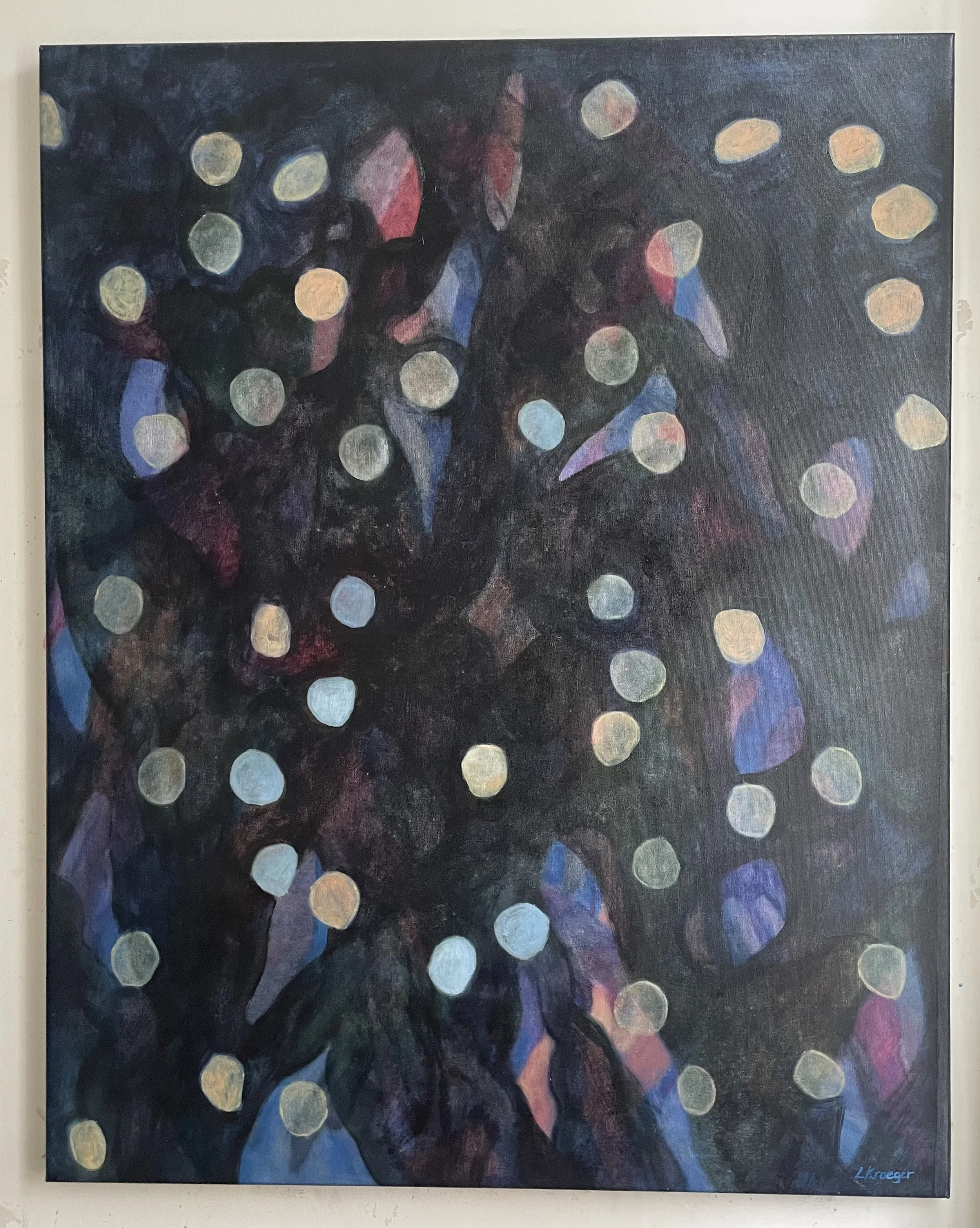 Lan Kroeger. Abstract oil painting with coloured circular and angular forms against a dark background.