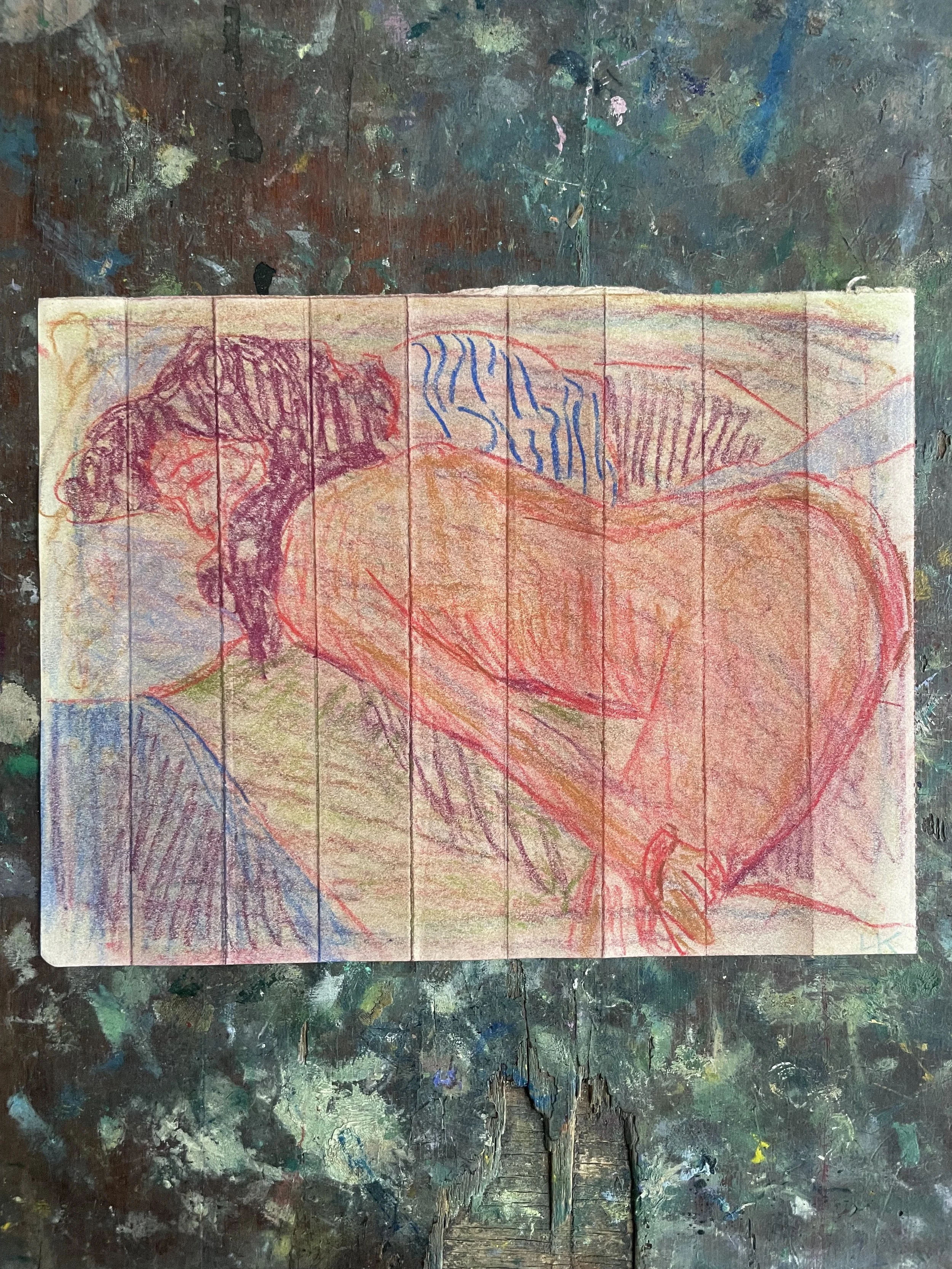 Lan Kroeger. Coloured-pencil drawing of two figures embracing, in red, purple, blue and yellow.