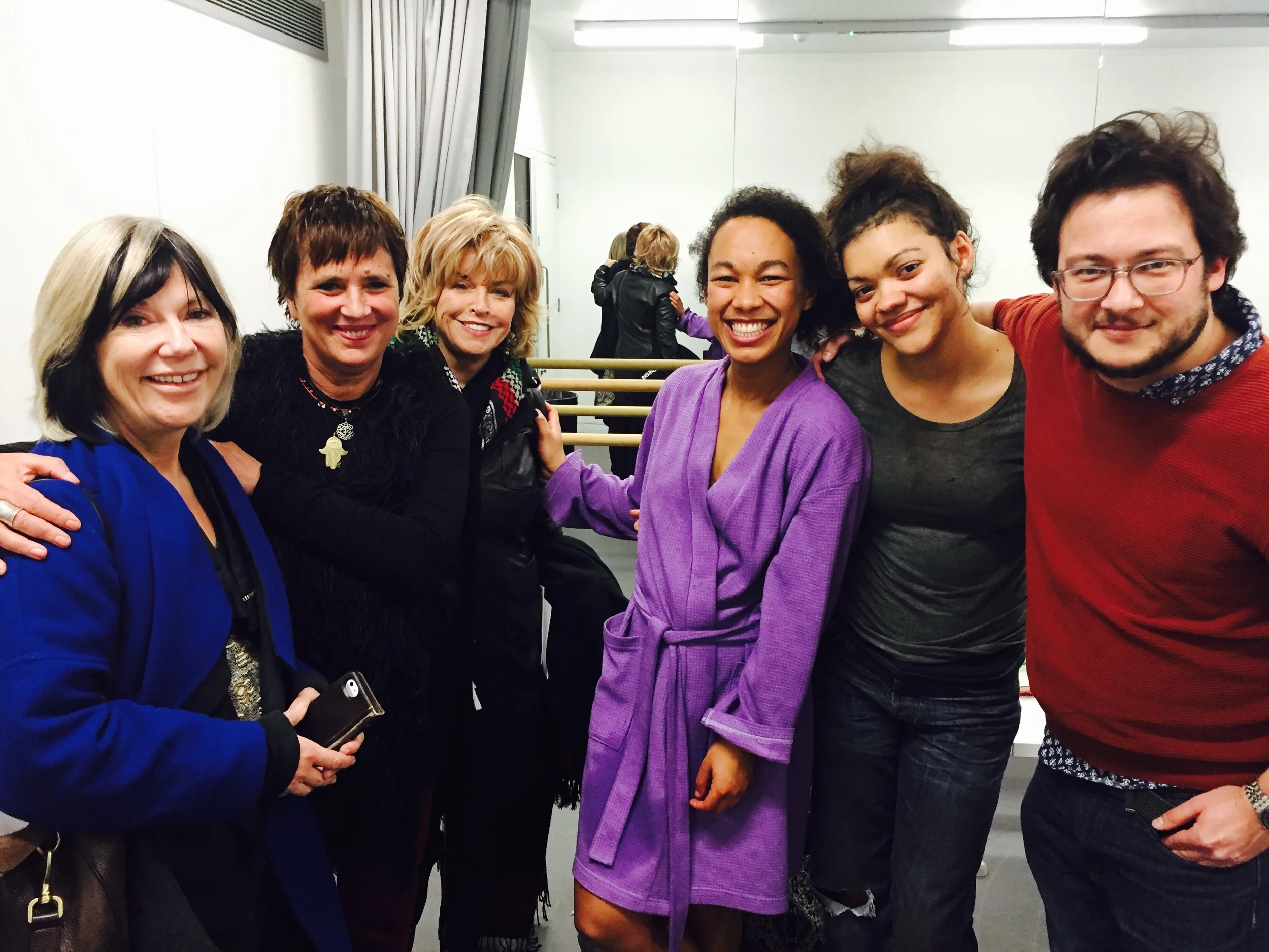 Backstage on opening night of Eve Ensler's new play, The Fruit Trilogy. Pictured left to right: WOW founder Jude Kelly, Ensler, me, actresses Amelia Donkor and Carla Harrison-Hodge, and director Mark Rosenblatt